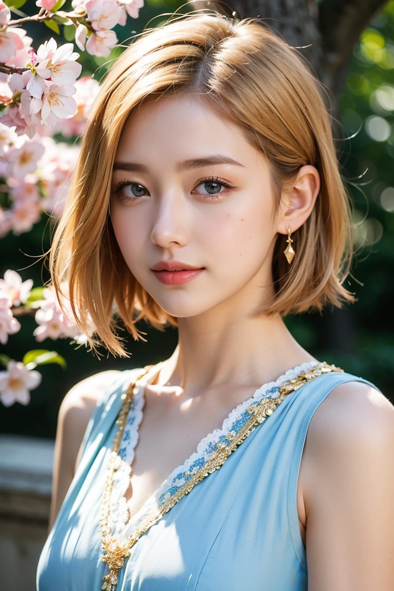Thin pale face and eyes:1.3、Thin, pale face and eyes:1.3, blue eyes:1.3、8k, {highest quality}, {{masterpiece}}, {Very delicate and beautiful}, Outstanding light and shadow, Highly detailed wallpaper, Sunny and bright sunlight, whole body, whole body、 1 girl, , blush、(Golden Hair:1.3、Short Bob Hair:1.5), Strong sunlight, (China dress:1.5), Delicate Hair, B cup breasts, Realistic skin texture, visible wrinkles on the skin., Broad shoulders,window, ((a strong light shines on your face)), necklace、ring、earrings、Toothy smile:1,5, Cherry blossoms in full bloom at the park、Guts pose:1.5、Ray Tracing