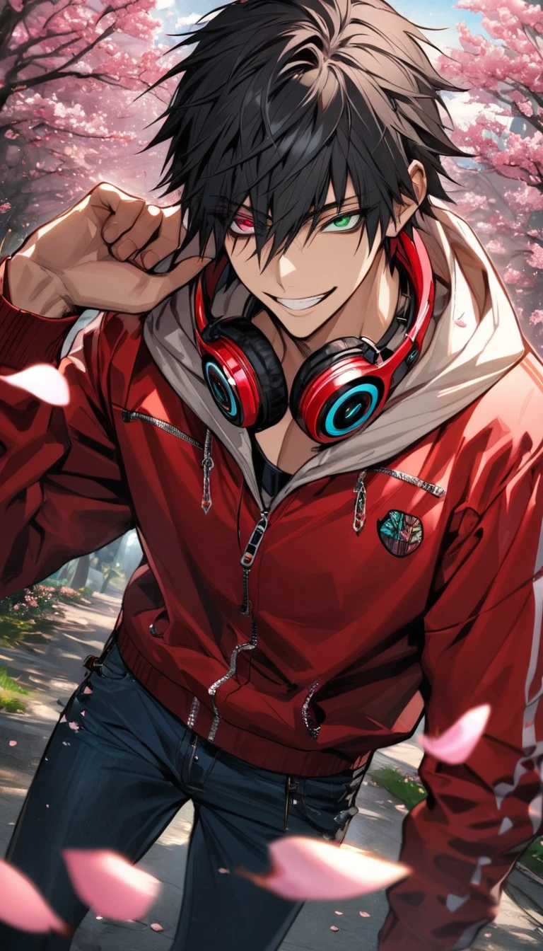 absurdres, highres, ultra detailed, HDR, master piece, best quality, Yamada Ichiro, chin length black hair, Hypnosis Mic, heterochromia, left eye is red, right eye is green, a white hoodie with two zippers, red varsity jacket, red headphones around his neck, blue jeans, solo, sexy man, handsome, grin, spring, blossoms, trees, pink petals, pink butterflies