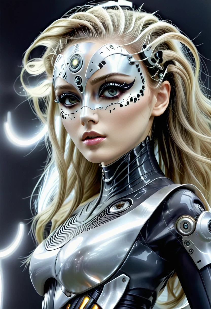 Bio mechanical cyborg girl, full body view, thin curved eyebrows,  long luscious eyelashes, black eyeliner, black eye shadow, perfect makeup, long luscious wavy hair,