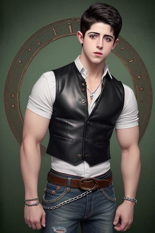 David Henrie 25 year old boy without freckles black hair dark military cut black vest Steampunk white shirt green eyes red shirt wolf print complexion muscular athletic slim blue jeans with chains black leather belt silver buckle background of New Orleans at night looking facing the viewer con naris pequeña y orejas pequeñas
