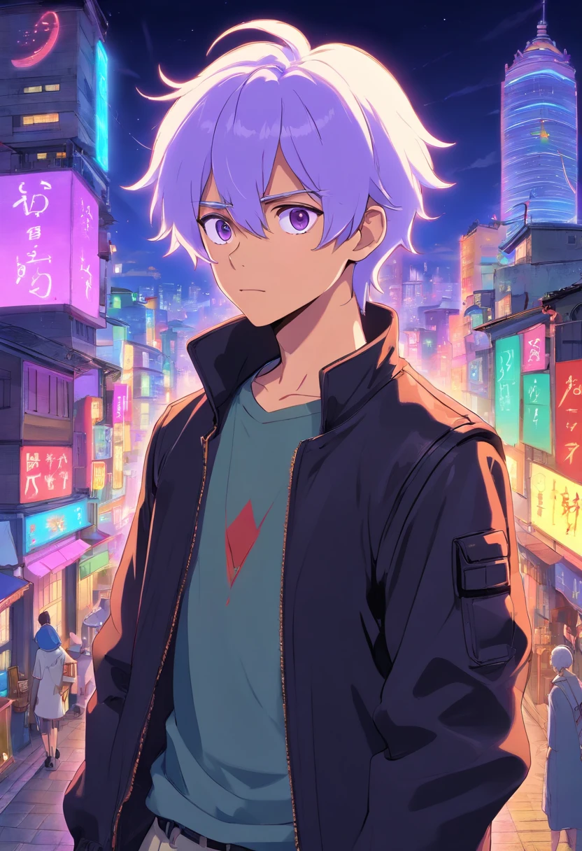Claro, here is a prompt for a 2D art:

"Draw a young male character with flowing white hair and vibrant lilac eyes. He is wearing a black leather jacket with silver trim and a white cotton shirt underneath.. He has a determined expression on his face, e ao fundo, there is a cityscape with skyscrapers at dusk, iluminados por luzes neon."