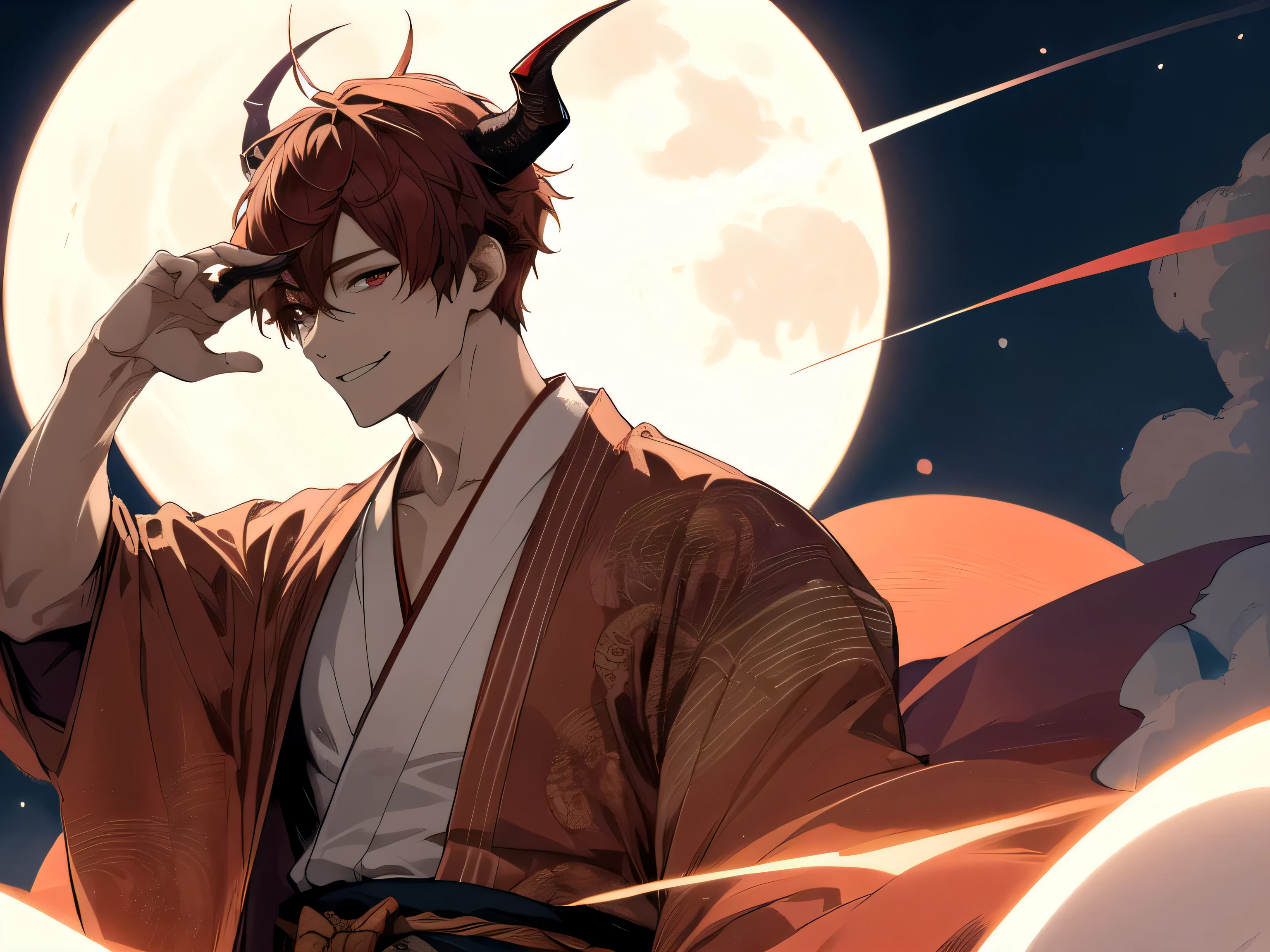 (Dynamic Angle),masterpiece,,male,one person,shortage々Shii,Upper Body, Face close-up,Short Red Hair, Demon horns on head,Bright atmosphere, ,smile,Brown skin, Dressed in a kimono and barefoot,One full moon