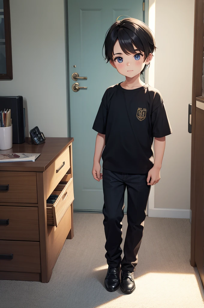 little 6 year old japanese boy with brown hair, whole body, tight black shorts, [black clothes],  half shirt, seated, downstairs bedroom, whole body, View from above,laptop gaming, player, playing 