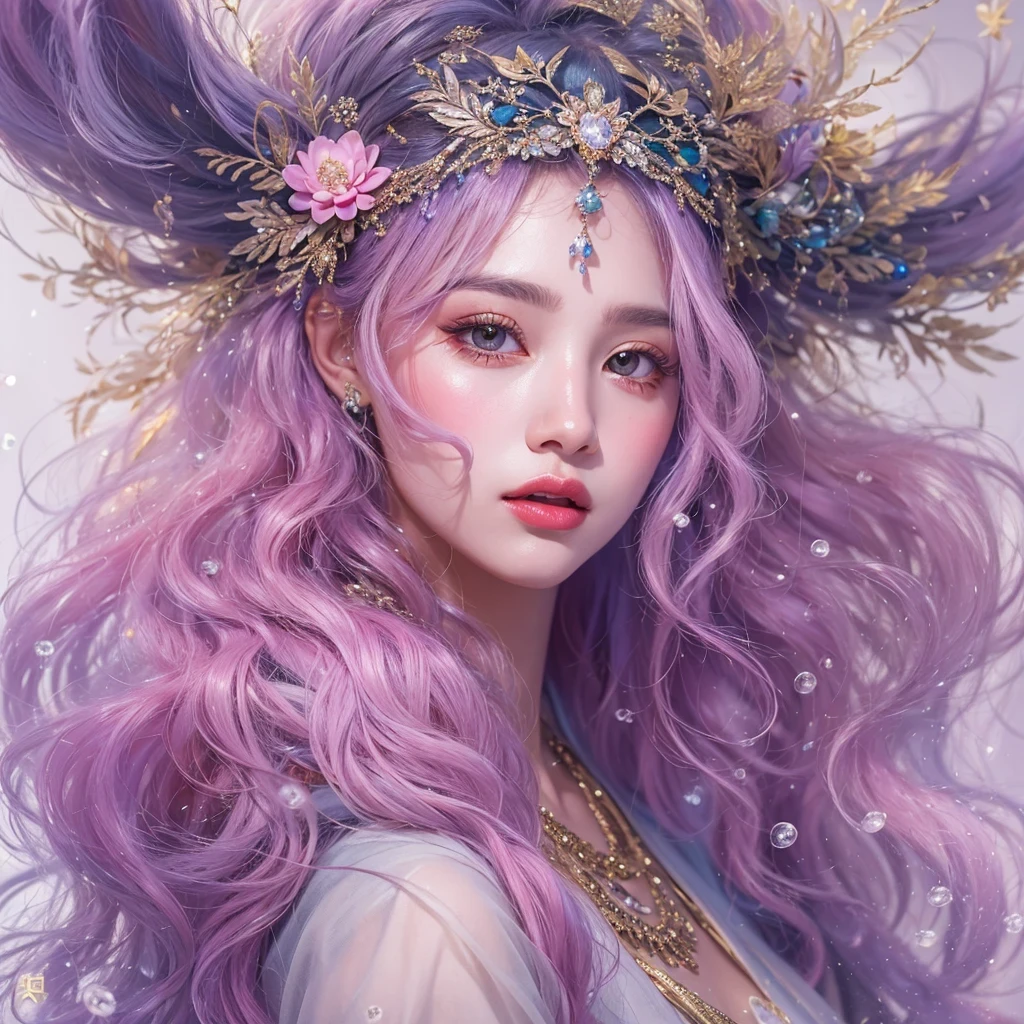 （（（Single eyelid）））Snow hoop exclusion area 32K（tmasterpiece，k hd，hyper HD，32K）Long flowing purple-pink hair，Autumn Pond，zydink， a color， Tongzhou people （Girl with glowing eyes）， （Thin silk scarf）， Side squat position， looking at the ground， long whitr hair， Floating hair， Python headdress， Chinese long-sleeved clothing， （abstract ink splash：1.2）， white backgrounid，Lotus protector（realisticlying：1.4），Purple-pink hair，Snowflakes fluttering，The background is pure， A high resolution， the detail， RAW photogr， Sharp Re， Nikon D850 Film Stock Photo by Jefferies Lee 4 Kodak Portra 400 Camera F1.6 shots, Rich colors, ultra-realistic vivid textures, Dramatic lighting, Unreal Engine Art Station Trend, cinestir 800，Long flowing purple-pink hair，((masterpiece)). This artwork is sweet, dreamy and ethereal, with soft pink watercolor hues and candy accents. Generate a delicate and demure fae exploring a (bubblegum world with a wide variety of pastel shades). Her sweet face is extremely detailed and realistic with elegant features and a fierce expression, and looks like ((((naomi scott)))). Include mature features and stunning, highly realistic eyes. Her eyes are important and should be realistic, highly detailed, and beautiful. In high definition and detail, include lots of details like stars, galaxies, colorful bubbles, colorful petals, and lots of energy and emotion! The stars and colorful bubblegum bubbles are important! Include fantasy details, enhanced details, iridescence, colorful glittering wind, and pollen. Pay special attention to her face and make sure it is beautifully and realistically detailed. The image should be dreamy and ethereal.8k, intricate, elegant, highly detailed, majestic, digital photography