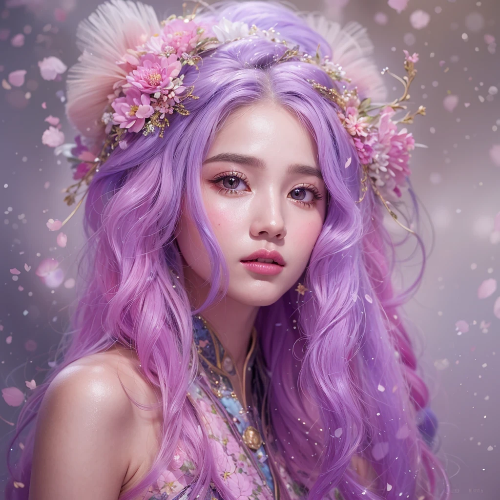 （（（Single eyelid）））Snow hoop exclusion area 32K（tmasterpiece，k hd，hyper HD，32K）Long flowing purple-pink hair，Autumn Pond，zydink， a color， Tongzhou people （Girl with glowing eyes）， （Thin silk scarf）， Side squat position， looking at the ground， long whitr hair， Floating hair， Python headdress， Chinese long-sleeved clothing， （abstract ink splash：1.2）， white backgrounid，Lotus protector（realisticlying：1.4），Purple-pink hair，Snowflakes fluttering，The background is pure， A high resolution， the detail， RAW photogr， Sharp Re， Nikon D850 Film Stock Photo by Jefferies Lee 4 Kodak Portra 400 Camera F1.6 shots, Rich colors, ultra-realistic vivid textures, Dramatic lighting, Unreal Engine Art Station Trend, cinestir 800，Long flowing purple-pink hair，((masterpiece)). This artwork is sweet, dreamy and ethereal, with soft pink watercolor hues and candy accents. Generate a delicate and demure fae exploring a (bubblegum world with a wide variety of pastel shades). Her sweet face is extremely detailed and realistic with elegant features and a fierce expression, and looks like ((((naomi scott)))). Include mature features and stunning, highly realistic eyes. Her eyes are important and should be realistic, highly detailed, and beautiful. In high definition and detail, include lots of details like stars, galaxies, colorful bubbles, colorful petals, and lots of energy and emotion! The stars and colorful bubblegum bubbles are important! Include fantasy details, enhanced details, iridescence, colorful glittering wind, and pollen. Pay special attention to her face and make sure it is beautifully and realistically detailed. The image should be dreamy and ethereal.8k, intricate, elegant, highly detailed, majestic, digital photography