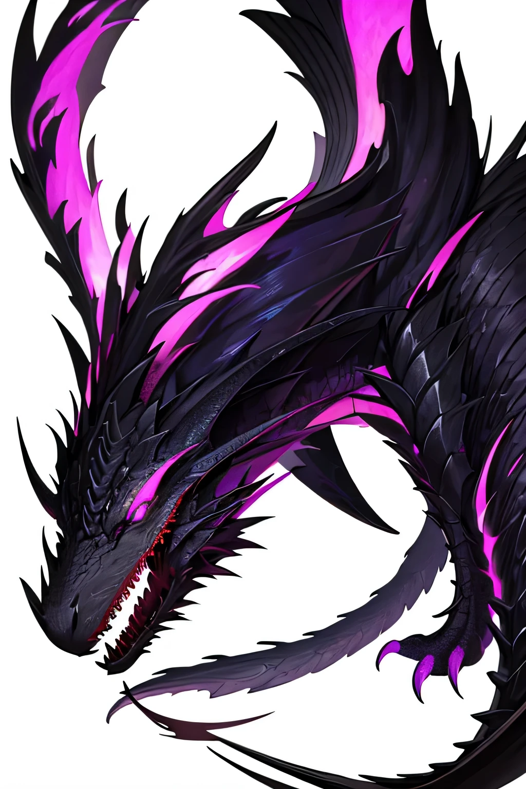 (highest quality, Detailed Background, High resolution, Absurd, bloom, Short Hair, Light purple hair, Exposed to lighting, Bright Eyes, Dedicated detailed eyes)Girl in black armor. She is a sharp ornament. Black dragon on background.. Sharp Hair Ornament. Torn Right Wing. Sharp Claws. she is dyed in purple flame.