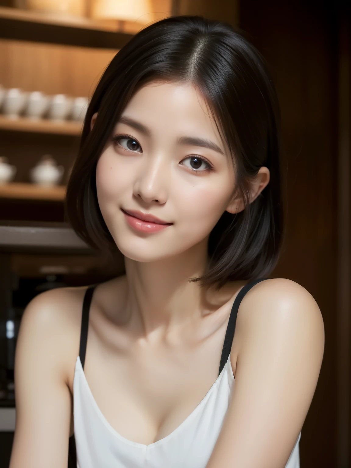 ((best quality, 8K, masterpiece: 1.3)), beautiful woman, pure, melon face, kind and cute, sweet smile, pure desire, slender body, (front), (tilted head), ((looking at camera)), pure desire, wearing a random primary color short dress, black silky medium hair, long flowing shoulders, round black big eyes, clear big eyes, moist red lips, sweet, sitting in a coffee shop, cafe background, 28 years old,  (chest to head shot),