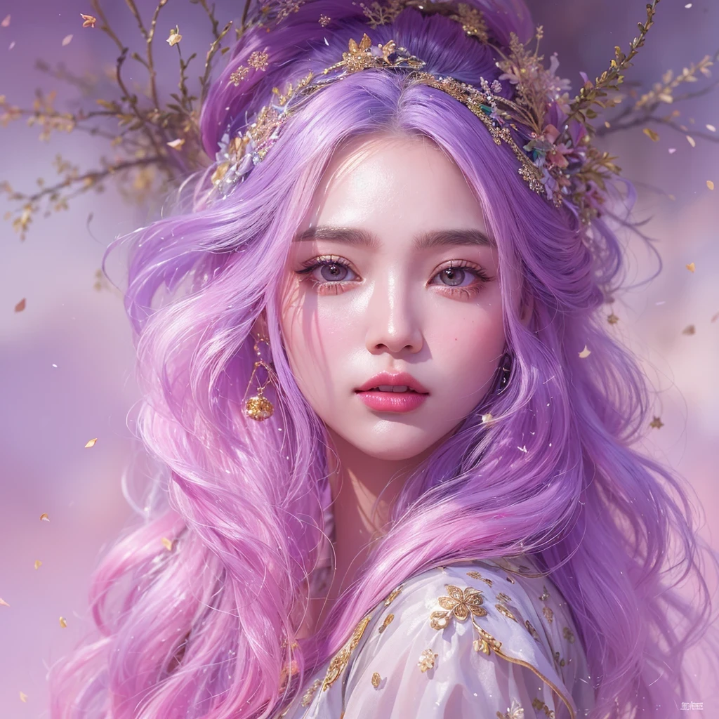 （（（Single eyelid）））Snow hoop exclusion area 32K（tmasterpiece，k hd，hyper HD，32K）Long flowing purple-pink hair，Autumn Pond，zydink， a color， Tongzhou people （Girl with glowing eyes）， （Thin silk scarf）， Side squat position， looking at the ground， long whitr hair， Floating hair， Python headdress， Chinese long-sleeved clothing， （abstract ink splash：1.2）， white backgrounid，Lotus protector（realisticlying：1.4），Purple-pink hair，Snowflakes fluttering，The background is pure， A high resolution， the detail， RAW photogr， Sharp Re， Nikon D850 Film Stock Photo by Jefferies Lee 4 Kodak Portra 400 Camera F1.6 shots, Rich colors, ultra-realistic vivid textures, Dramatic lighting, Unreal Engine Art Station Trend, cinestir 800，Long flowing purple-pink hair，((masterpiece)). This artwork is sweet, dreamy and ethereal, with soft pink watercolor hues and candy accents. Generate a delicate and demure fae exploring a (bubblegum world with a wide variety of pastel shades). Her sweet face is extremely detailed and realistic with elegant features and a fierce expression, and looks like ((((naomi scott)))). Include mature features and stunning, highly realistic eyes. Her eyes are important and should be realistic, highly detailed, and beautiful. In high definition and detail, include lots of details like stars, galaxies, colorful bubbles, colorful petals, and lots of energy and emotion! The stars and colorful bubblegum bubbles are important! Include fantasy details, enhanced details, iridescence, colorful glittering wind, and pollen. Pay special attention to her face and make sure it is beautifully and realistically detailed. The image should be dreamy and ethereal.8k, intricate, elegant, highly detailed, majestic, digital photography