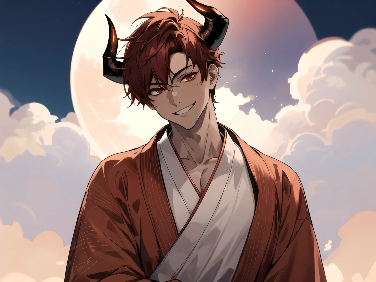 (Dynamic Angle),masterpiece,,male,one person,shortage々Shii,Upper Body, Face close-up,Short Red Hair, Demon horns on head,Bright atmosphere, ,smile,Brown skin, Dressed in a kimono and barefoot,One full moon
