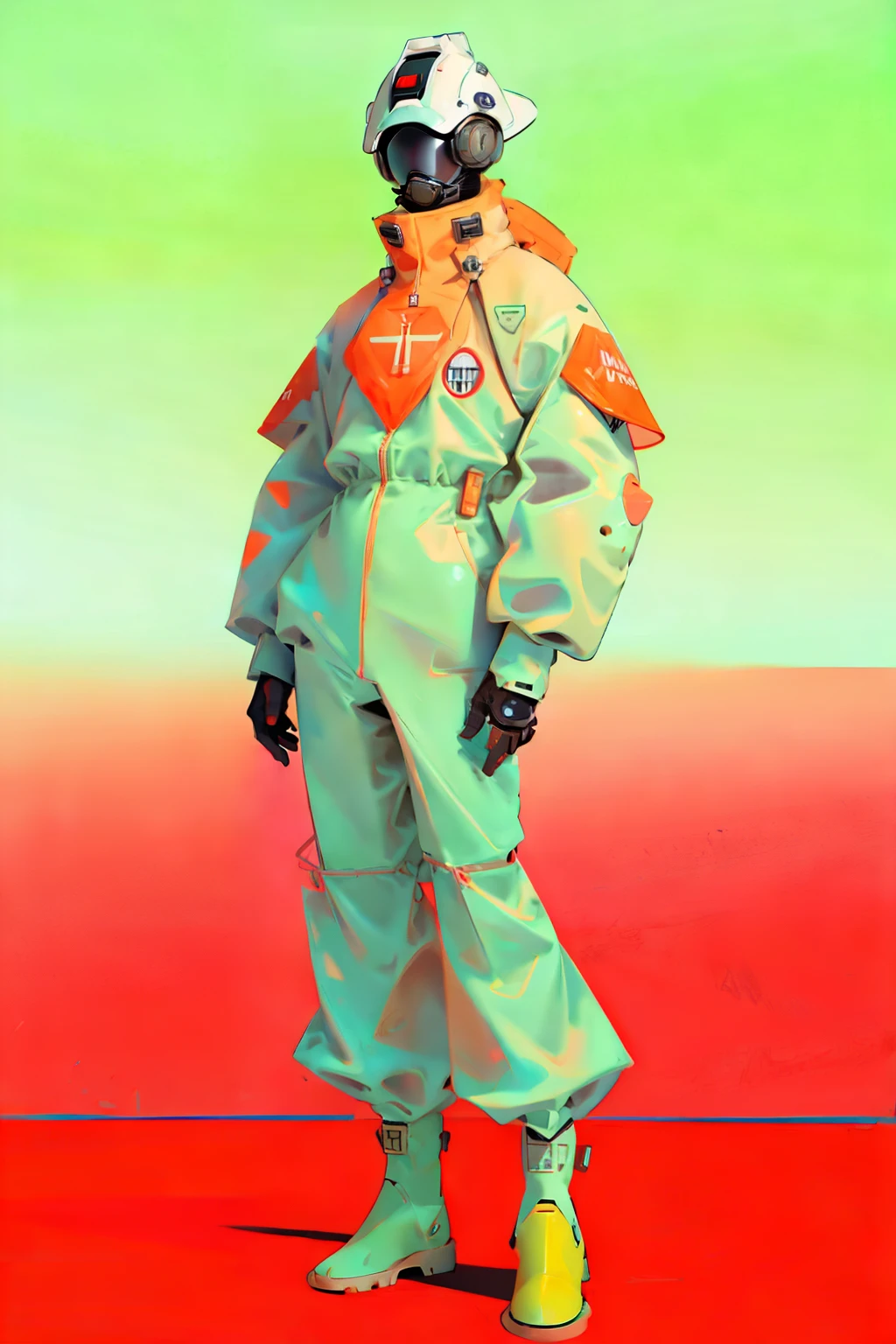(ultra detailed,ultra high res,detailed background),((2D)),((flat color)),((muted color)), 1solo, looking at viewer, white hazmat suit, (big red galoshes), plush collar, full body image, square helmet