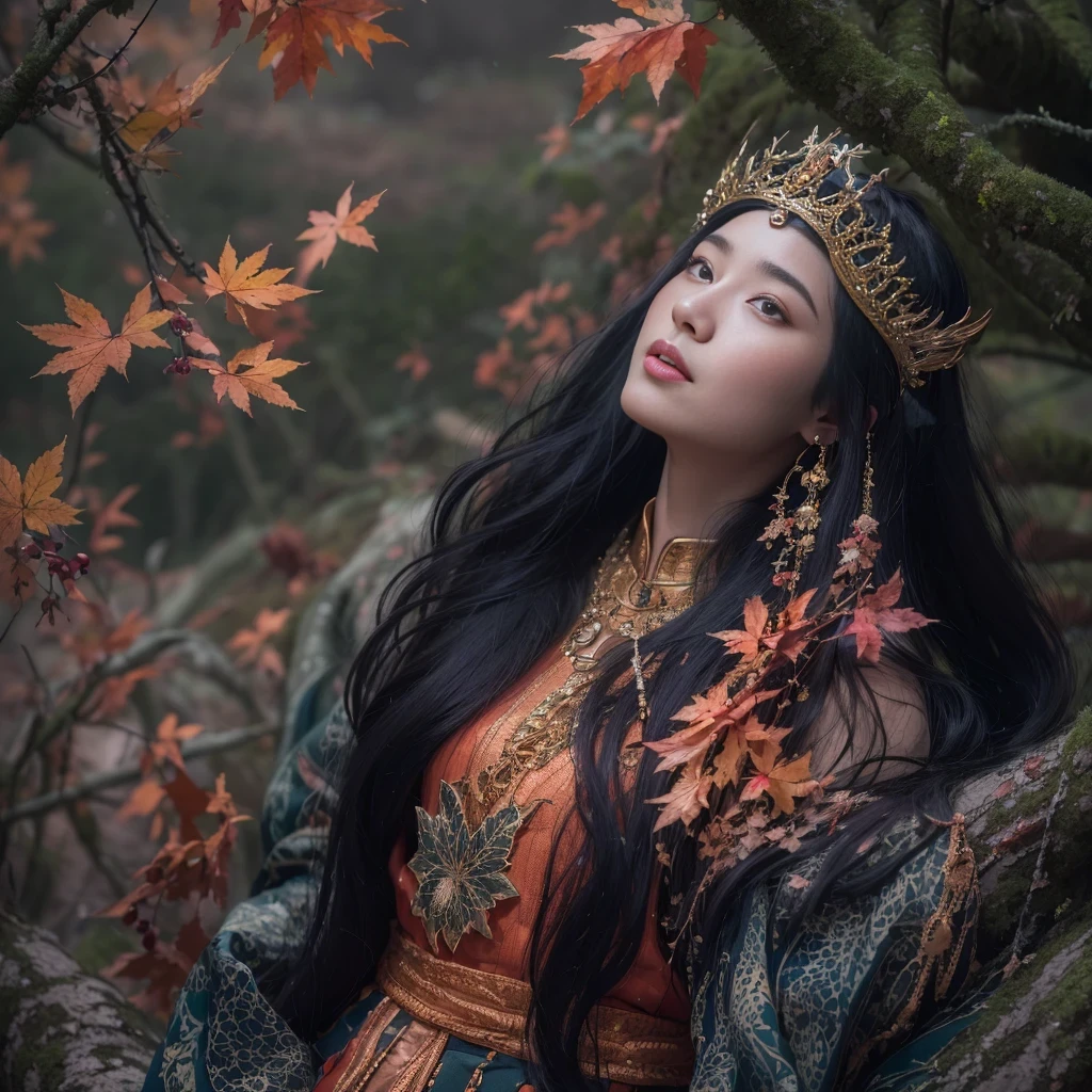 32K（tmasterpiece，k hd，hyper HD，32K）Long flowing black hair，Yellowstone，Tongzhou girl ，Flame protector（realisticlying：1.4），Python pattern robe，Purple-pink tiara，The leaves flutter，The canyon background is pure，Hold your head high，Be proud，The nostrils look at people， A high resolution， the detail，autumnal， RAW photogr， Sharp Re， Nikon D850 Film Stock Photo by Jefferies Lee 4 Kodak Portra 400 Camera F1.6 shots, Rich colors, ultra-realistic vivid textures, Dramatic lighting, Unreal Engine Art Station Trend, cinestir 800，Hold your head high，Be proud，The nostrils look at people