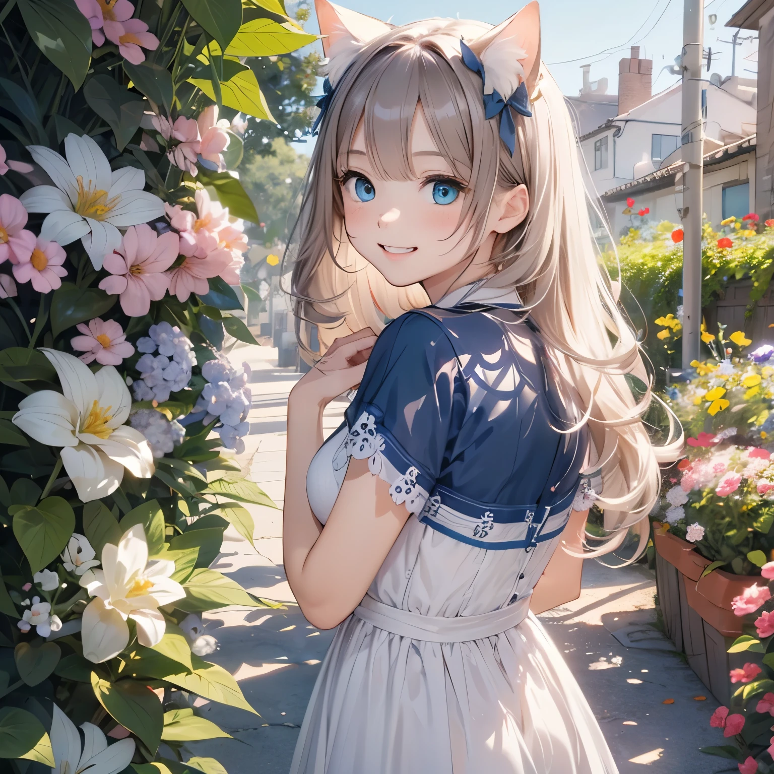 Absurd, Ultra-detailed,Bright colors,(8k:1.5),Masseter muscle area,bright landscape、for that, Blue sky、Very beautifully detailed face and eyes,(deep blue eyes:1.4) valley、Pink skin、Summer Morning、A back alley with lots of flowers blooming、(Cat Pose),(The smile is too cute:1.3)、Double teeth,