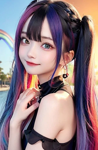 Small face、 (alone:1.5,)Very detailed,Bright colors, Very beautiful detailed anime faces and eyes, Look straight ahead, Shiny_skin,girl, (((Rainbow Hair, Colorful Hair, Half red、half blue hair: 1.2))), 、Shiny hair, Delicate beautiful face, blush、Glasses、(Turquoise Eyes), , Valletta, Earrings,、Flower Garden、Sunset、(((See-through、sexy、One piece swimsuit、Black、,Translucent shirt)))、(Twin tails)、smile、Happy Face、face dyed red、Cheerful pose、dynamic、
