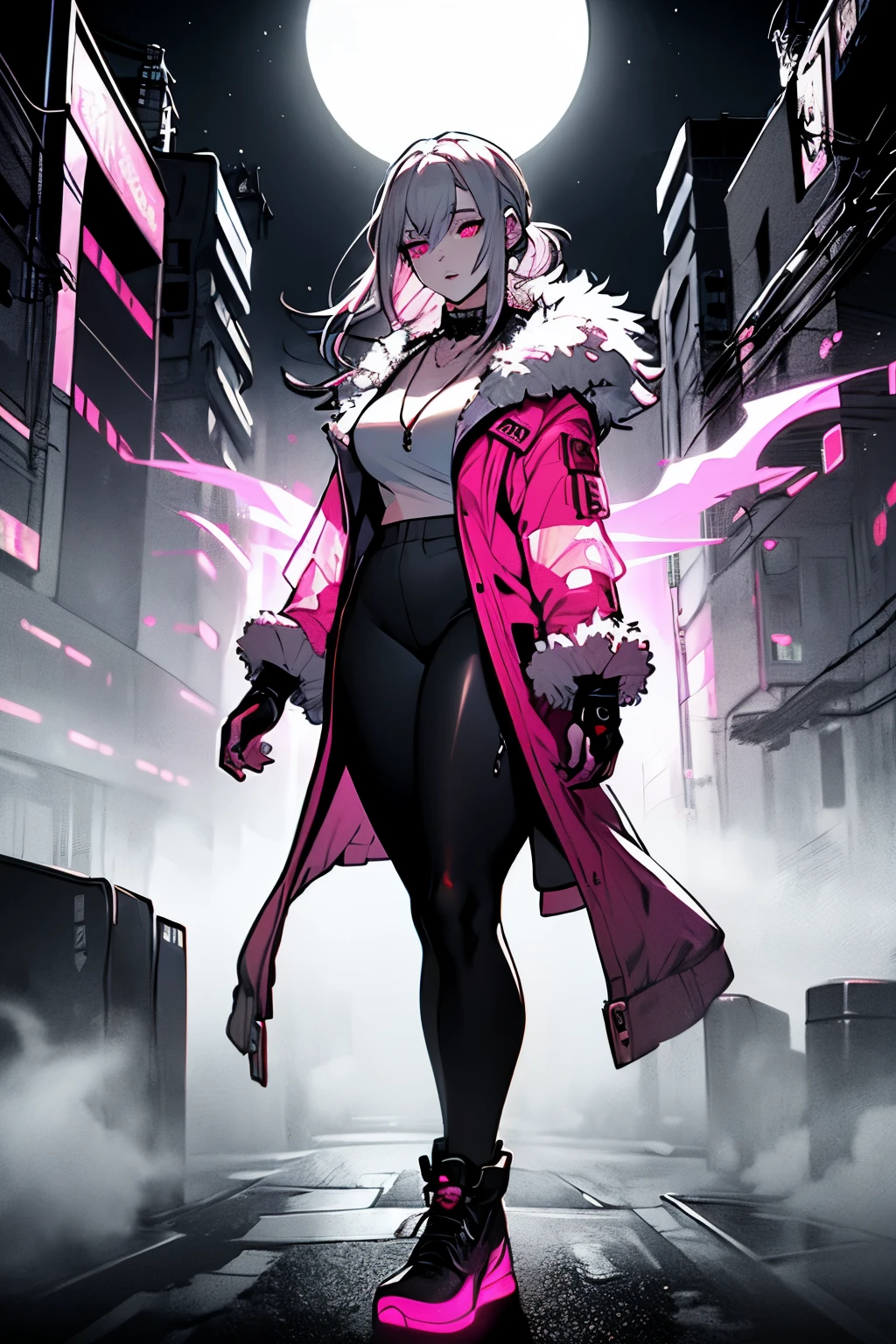 (art, best quality, ultra-detailed, high contrast), 1 woman (Alone, full body, plus size body, standing on the edge of the skyscraper, silver hair, LONG FLOWING HAIR in a ponytail, broken ruby red eyes, (leggings, pleated skirt, sports top, high ponytail, high boots, long fur jacket, black cybernetics with neon pink), detailed face, black transparent tights, ( on a foggy moonlit night in a ghost town, detailed background ()) detailed face, hyper detailed eyes, detailed lips , , with a metal necklace with chain around her neck, lineart, 