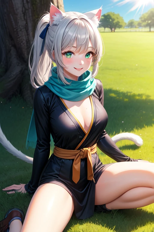 1 girl, neko girl, full body, , white skin, gray cat ears, smiley face, happy, blushing, smiling, blue ninja costume, belt, brown ninja shoes, a long white scarf, sitting on the grass , Under a tree, Shadow, high quality, Beautiful face, big green eyes, Green cat eyes, elongated pupils, 2-color hair, gray hair with orange details, bangs, spiked bangs, waist-length hair, ponytail , medium breasts, 2 seductive legs, tall, cat tail, gray, green landscape background, field, Sunny, sun rays, looking at me, anime
