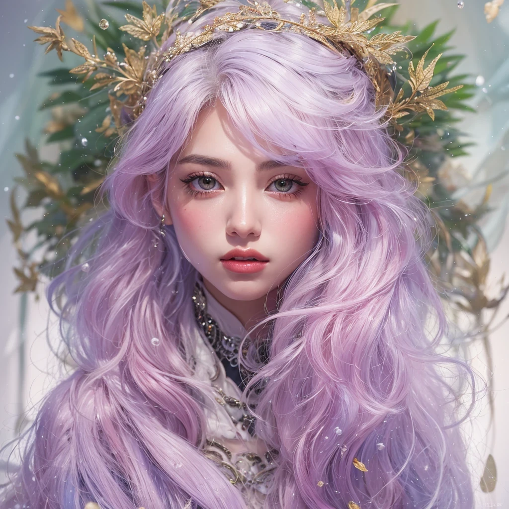 （（（Single eyelid）））Snow hoop exclusion area 32K（tmasterpiece，k hd，hyper HD，32K）Long flowing purple-pink hair，Autumn Pond，zydink， a color， Tongzhou people （Girl with glowing eyes）， （Thin silk scarf）， Side squat position， looking at the ground， long whitr hair， Floating hair， Python headdress， Chinese long-sleeved clothing， （abstract ink splash：1.2）， white backgrounid，Lotus protector（realisticlying：1.4），Purple-pink hair，Snowflakes fluttering，The background is pure， A high resolution， the detail， RAW photogr， Sharp Re， Nikon D850 Film Stock Photo by Jefferies Lee 4 Kodak Portra 400 Camera F1.6 shots, Rich colors, ultra-realistic vivid textures, Dramatic lighting, Unreal Engine Art Station Trend, cinestir 800，Long flowing purple-pink hair，((masterpiece)). This artwork is sweet, dreamy and ethereal, with soft pink watercolor hues and candy accents. Generate a delicate and demure fae exploring a (bubblegum world with a wide variety of pastel shades). Her sweet face is extremely detailed and realistic with elegant features and a fierce expression, and looks like ((((naomi scott)))). Include mature features and stunning, highly realistic eyes. Her eyes are important and should be realistic, highly detailed, and beautiful. In high definition and detail, include lots of details like stars, galaxies, colorful bubbles, colorful petals, and lots of energy and emotion! The stars and colorful bubblegum bubbles are important! Include fantasy details, enhanced details, iridescence, colorful glittering wind, and pollen. Pay special attention to her face and make sure it is beautifully and realistically detailed. The image should be dreamy and ethereal.8k, intricate, elegant, highly detailed, majestic, digital photography