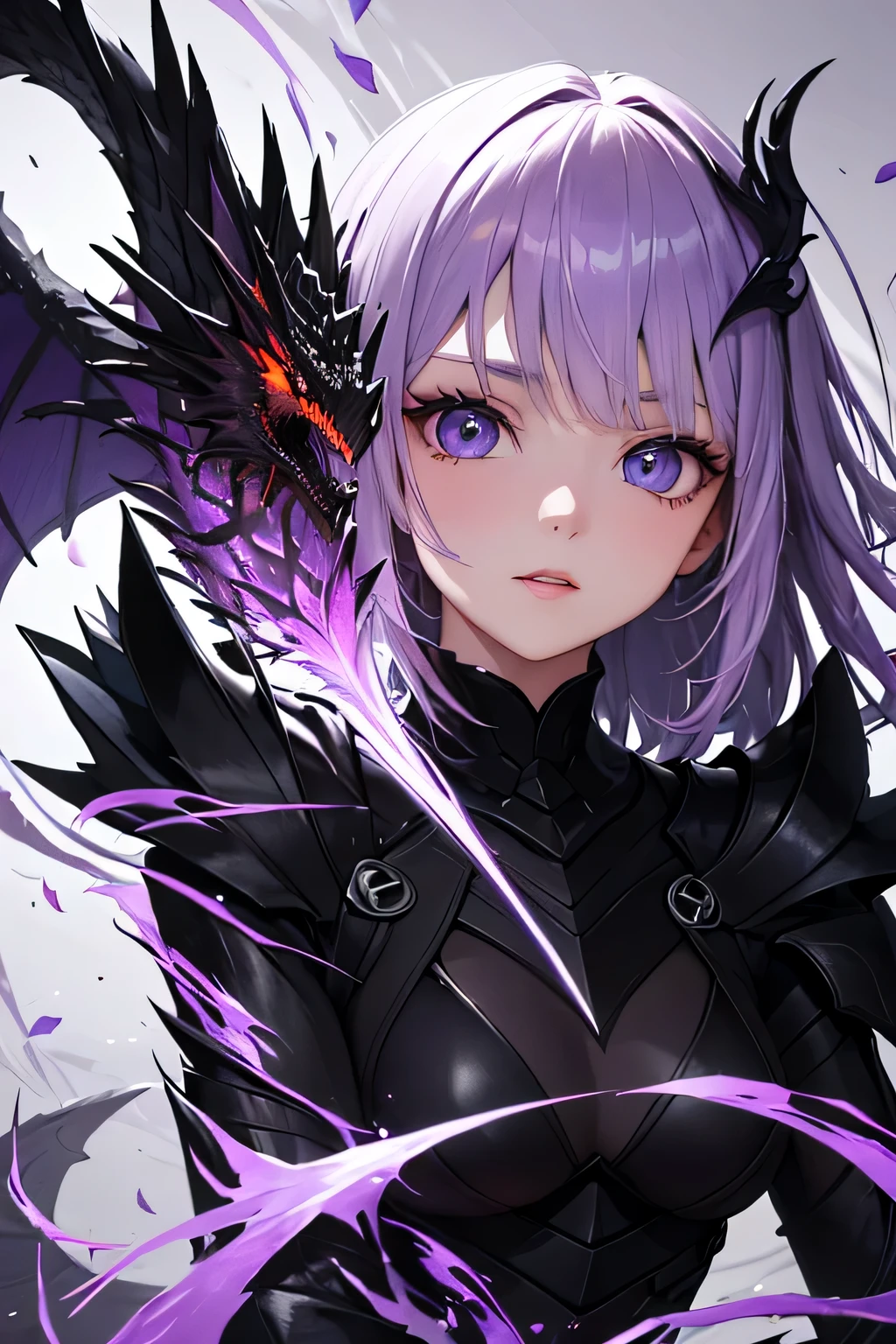 (highest quality, Detailed Background, High resolution, Absurd, bloom, long髪, Light purple hair, Exposed to lighting, Bright Eyes, Dedicated detailed eyes)Girl in black armor. She is a sharp ornament. Black dragon on background.. Sharp Hair Ornament. Torn Feather. Sharp Claws. she is dyed in purple flame.