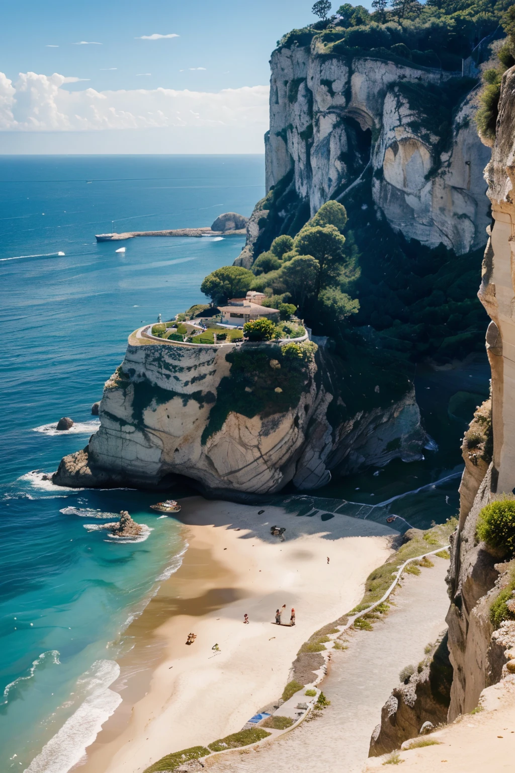 high quality photo with lots of details, Corsican landscape with view of the cliff and the sea, with a boat and a woman in a bikini on the beach