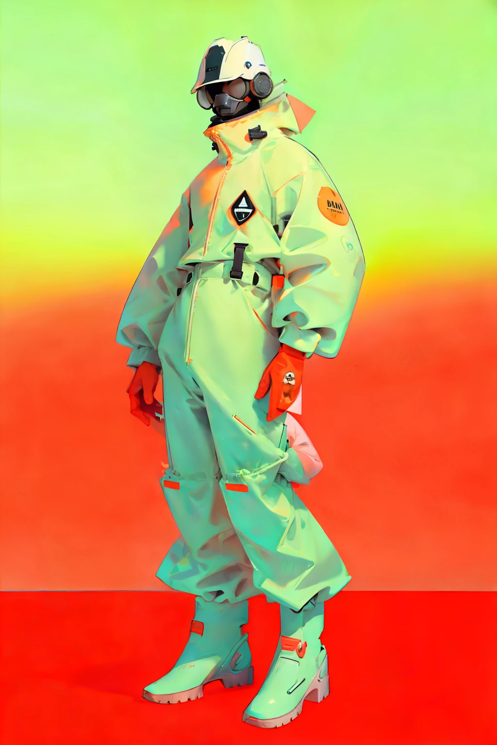  (ultra detailed,ultra high res,detailed background),((2D)),((flat color)),((muted color)), 1solo, looking at viewer, white hazmat suit, (big red galoshes), plush collar, full body image, square helmet