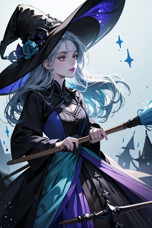 She is a light blue with darker blue lips who wears a witch costume that consists of a green witch nose, a black witch hat, and a dark purple gown. She also carries a dark brown broom with black bristles and a silver metal covering. SPARKLE; GLITTER