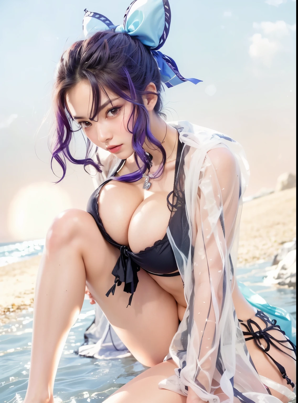 Masterpiece, extra detailed, pretty girl, busty slim firm body, purple hair