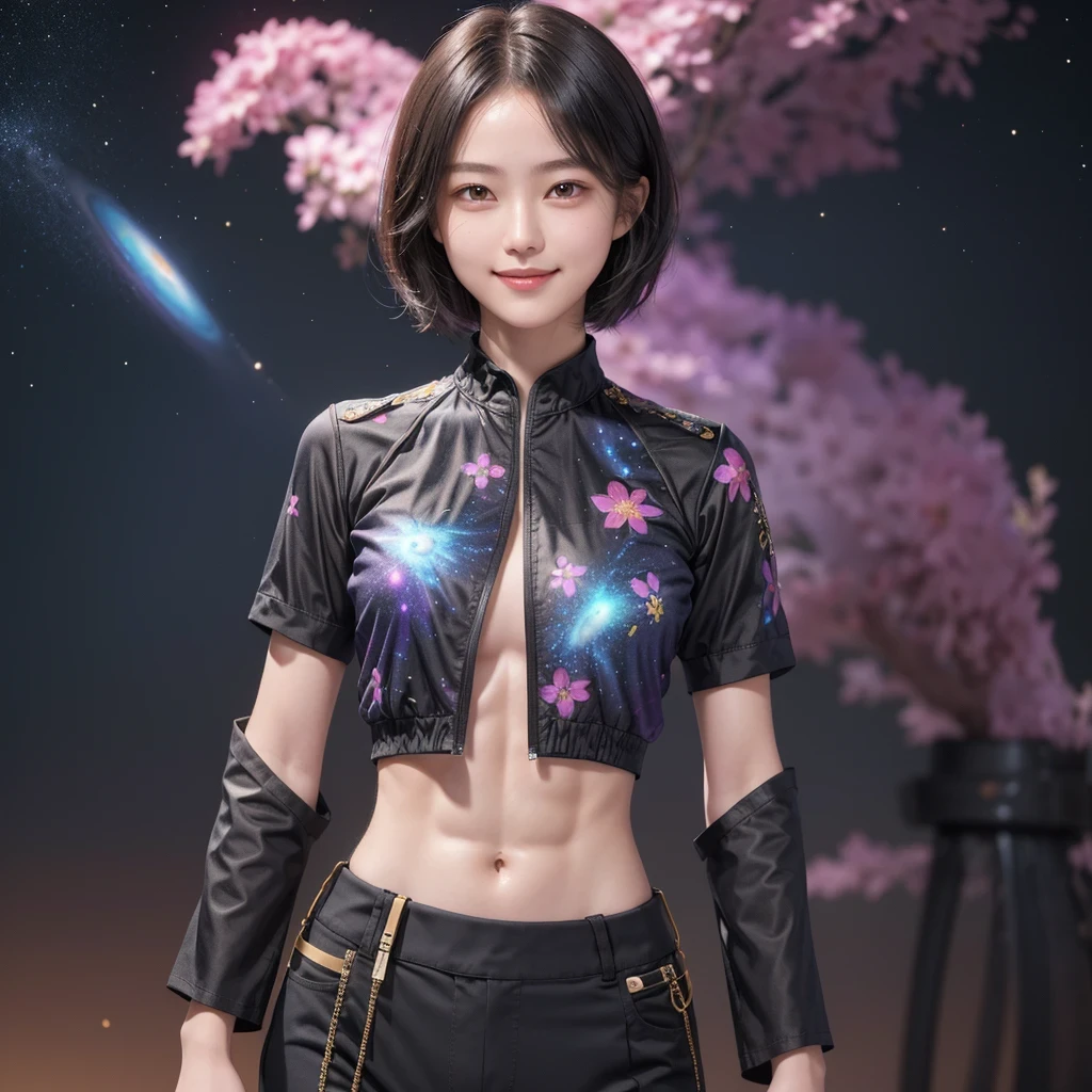 214 Short Hair, 18 years old female, friendly smile, Floral, future clothing, Mechanical set, ((Clothes that show off your abs、Short-sleeved clothes)), (Galaxy and nebula in the background)