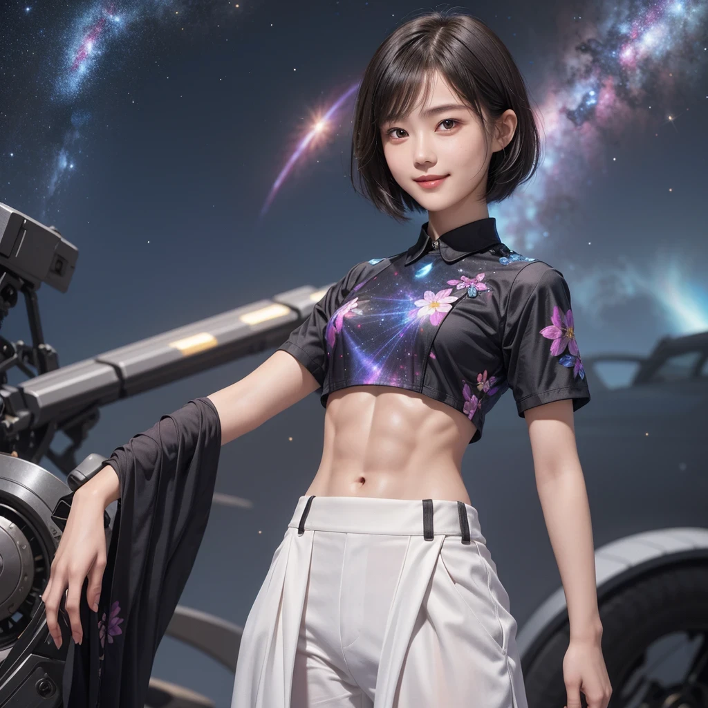 214 Short Hair, 18 years old female, friendly smile, Floral, future clothing, Mechanical set, ((Clothes that show off your abs、Short-sleeved clothes)), (Galaxy and nebula in the background)