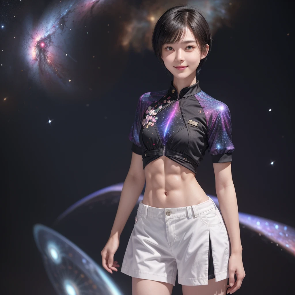 214 Short Hair, 18 years old female, friendly smile, Floral, future clothing, Mechanical set, ((Clothes that show off your abs、Short-sleeved clothes)), (Galaxy and nebula in the background)