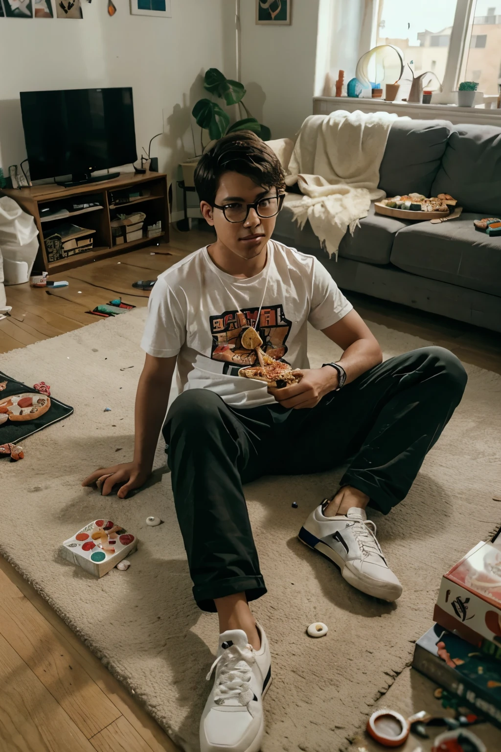 A boy who is sitting in his living room and his living room is very messy. There are pizza, glasses, and candies lying on the floor.