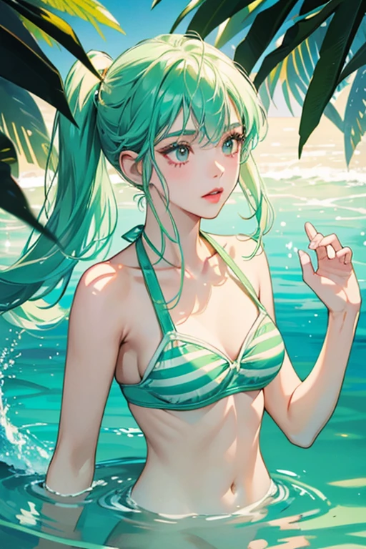 She is a light emerald-green who wears a red bikini bathing suit and has light teal lips and light yellow and black eyes. She also has light blue striped fins. SPARKLE; GLITTER