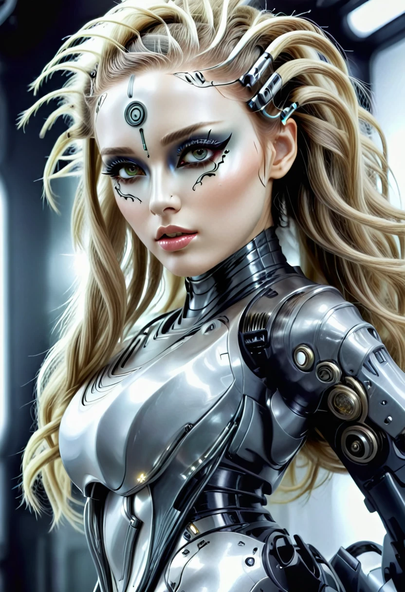 Bio mechanical cyborg girl, full body view, thin curved eyebrows, long luscious eyelashes, black eyeliner, black eye shadow, perfect makeup, long luscious wavy hair,