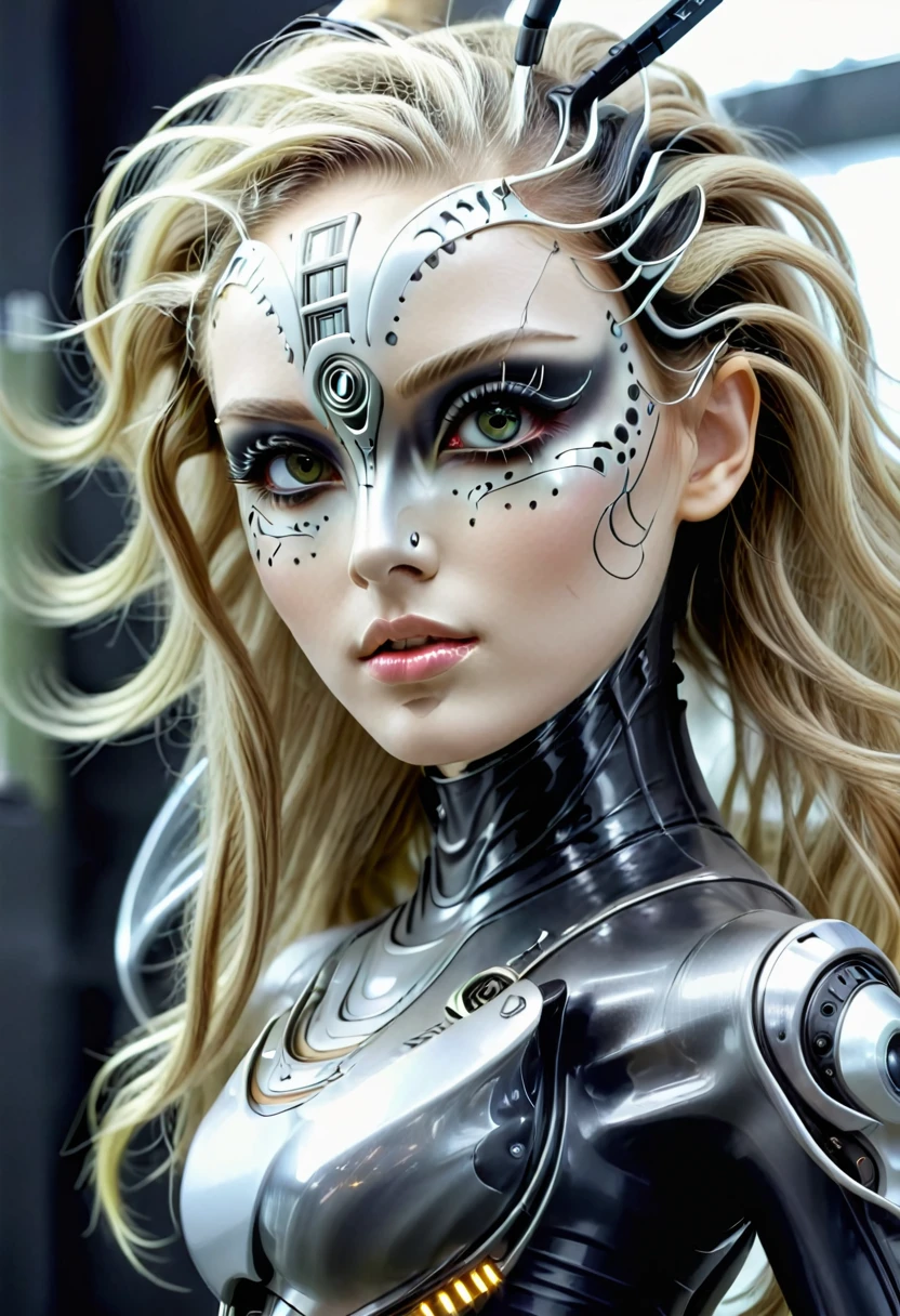 Bio mechanical cyborg girl, full body view, thin curved eyebrows, long luscious eyelashes, black eyeliner, black eye shadow, perfect makeup, long luscious wavy hair,