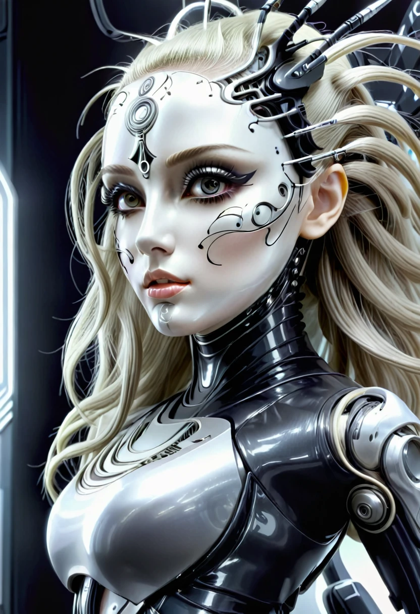 Bio mechanical cyborg girl, full body view, thin curved eyebrows, long luscious eyelashes, black eyeliner, black eye shadow, perfect makeup, long luscious wavy hair,