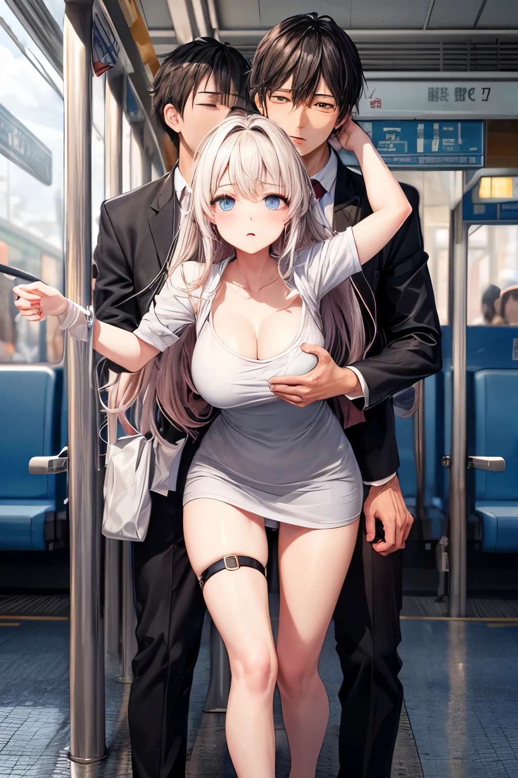 girlと男の子、highest quality、Ultra-high resolution、Huge 、Exposed breasts、Long black hair、Perfect Face、、Beautiful expression、Beautiful Face、Beautiful Eyes、expensive 、girl' 、、White T-Bag、Beautiful Legate train interior background、混雑したin the train、(There were many men on the train...、Male molester、 in the train)、(((( A man stands behind a female student、A man lifts up a female student'skirt from behind、A man grabs a female student'Ass from behind、A man grabs a female student'Chest seen from behind、Touching the chest))))、(put in(gender) 、 On the body、Lots of pubic hair )、Fearful expression、Blushed、Second dimension beautiful girl、A man's penis is inserted between the woman's legs、Second dimension beautiful girl