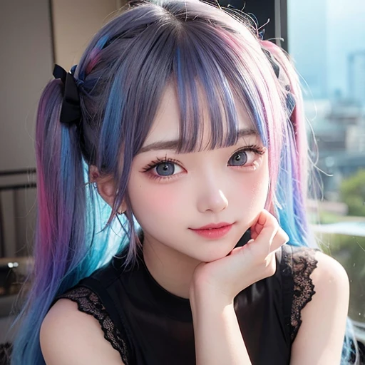 Small face、 (alone:1.5,)Very detailed,Bright colors, Very beautiful detailed anime faces and eyes, Look straight ahead,  Shiny_skin,girl, (((Rainbow Hair, Colorful Hair, Half red、half blue hair: 1.2))), 、Shiny hair, Delicate beautiful face, blush、Glasses、(Turquoise Eyes), , Valletta, Earrings,、Flower Garden、Sunset、(((See-through、sexy、One piece swimsuit、Black、,Translucent shirt)))、（Twin tails）、smile、Happy Face、face dyed red、Cheerful pose、dynamic、