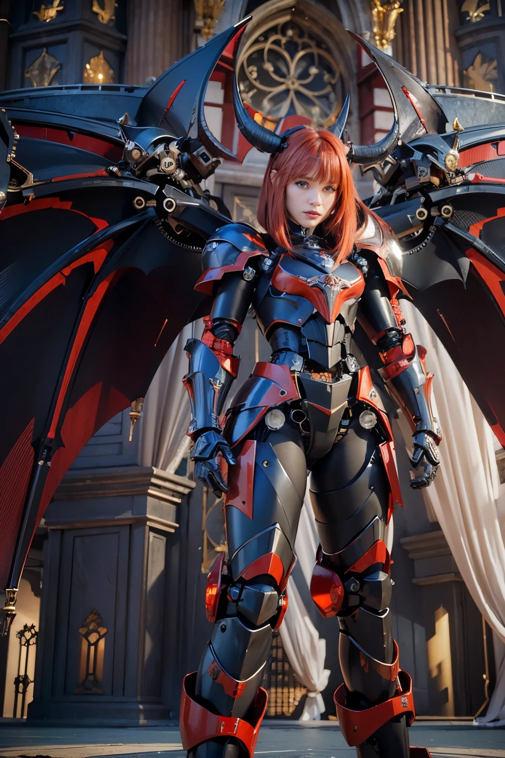 (masterpiece, best quality:1.2), (8k uhd, 16k, 32k, ultra high res), (photorealistic:1.37), (RAW photo), ultimate-realistic, ultimate-realistic details, ultimate-realistic texture, ultimate-intricate details, ultimate-realistic lighting, ultimate-realistic shadow, japanese girl, ultimate-cute face, ultimate-RAW skin, ultimate-realistic eyes, (mechanical:1.4), (armor), full body, wide shot, Evil organization, demons, horns, bat wings, red hair, bob cut, mechanical armor, reddish-black skin, red eyes, flying with Satanic castle in background