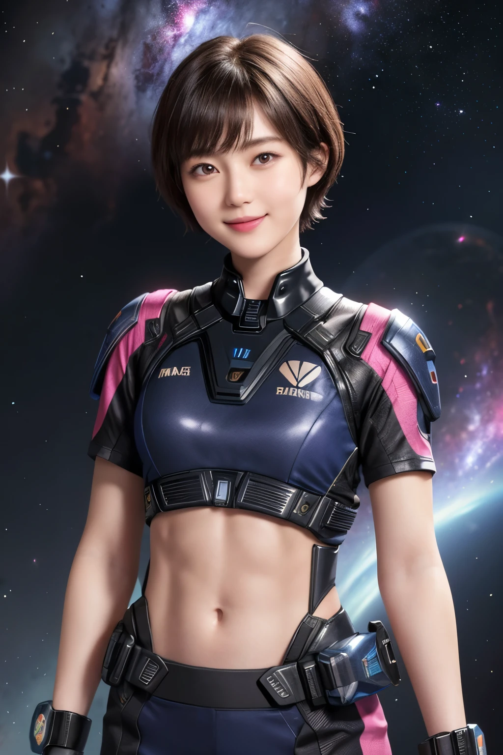 214 Short Hair, 20-year-old woman, A kind smile, Floral, Futuristic clothing, machinery suit, ((Clothes that show abs、Clothes with short sleeves)), (The background is a galaxy and nebula)