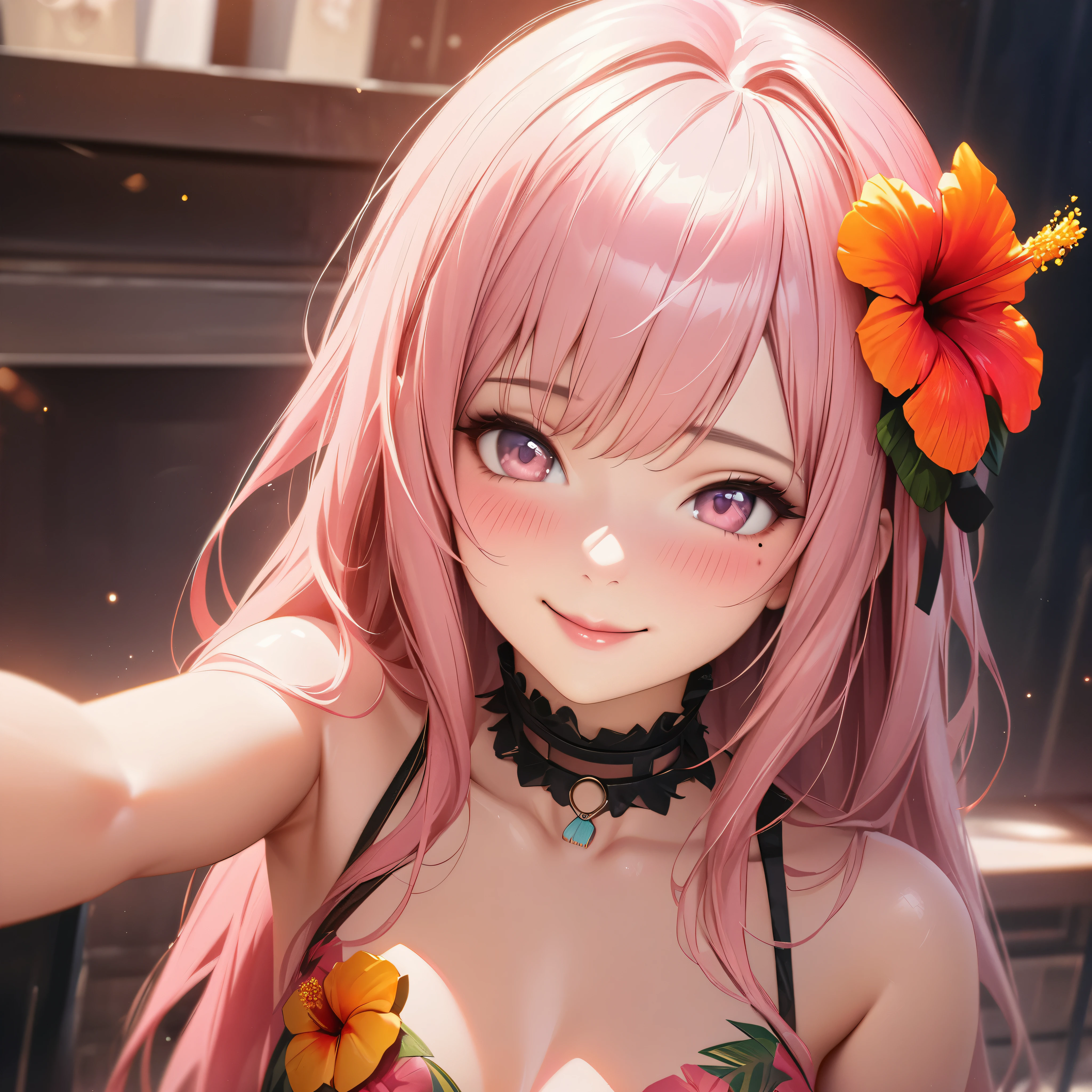 masterpiece, higst quality, highly detailed, high resolution, an high resolution, high resolution, 4k, 8k, unity 8k wallpaper, highly detailed cg, masterpiece, realistic, beautiful detail, depth, fine texture, hig hisst st quality: 1.3, total concentration, crisp skin, him, very cute anime, cute like an idol, tall pink long hair, one girl, Hawaiian dress, greeting, hibiscus hair accessory, smile, long pink hair, whole body , Mole under his eye, line sight, high, blush, lips parted, he art, pink eyes, choker