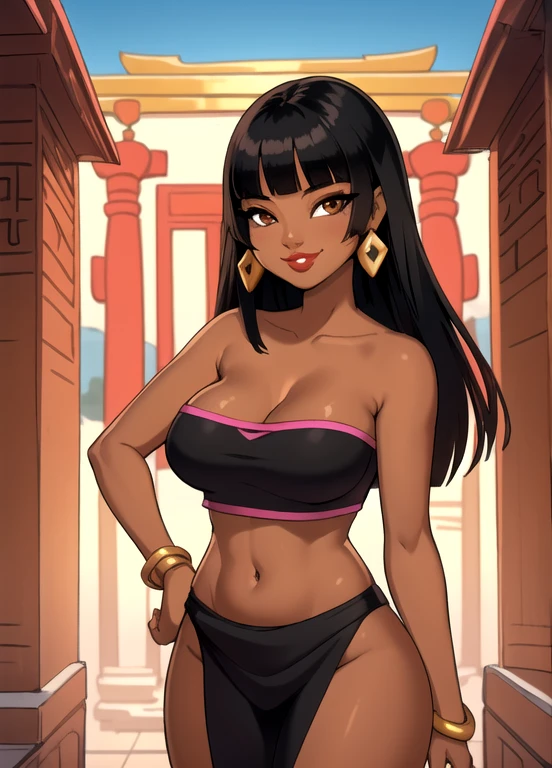 masterpiece, best quality, 1girl, solo, chel, black hair, long hair, blunt bangs, brown eyes, dark skin, lipstick, tube top, cleavage, bare shoulders, earrings, seductive smile, looking at viewer, temple background
