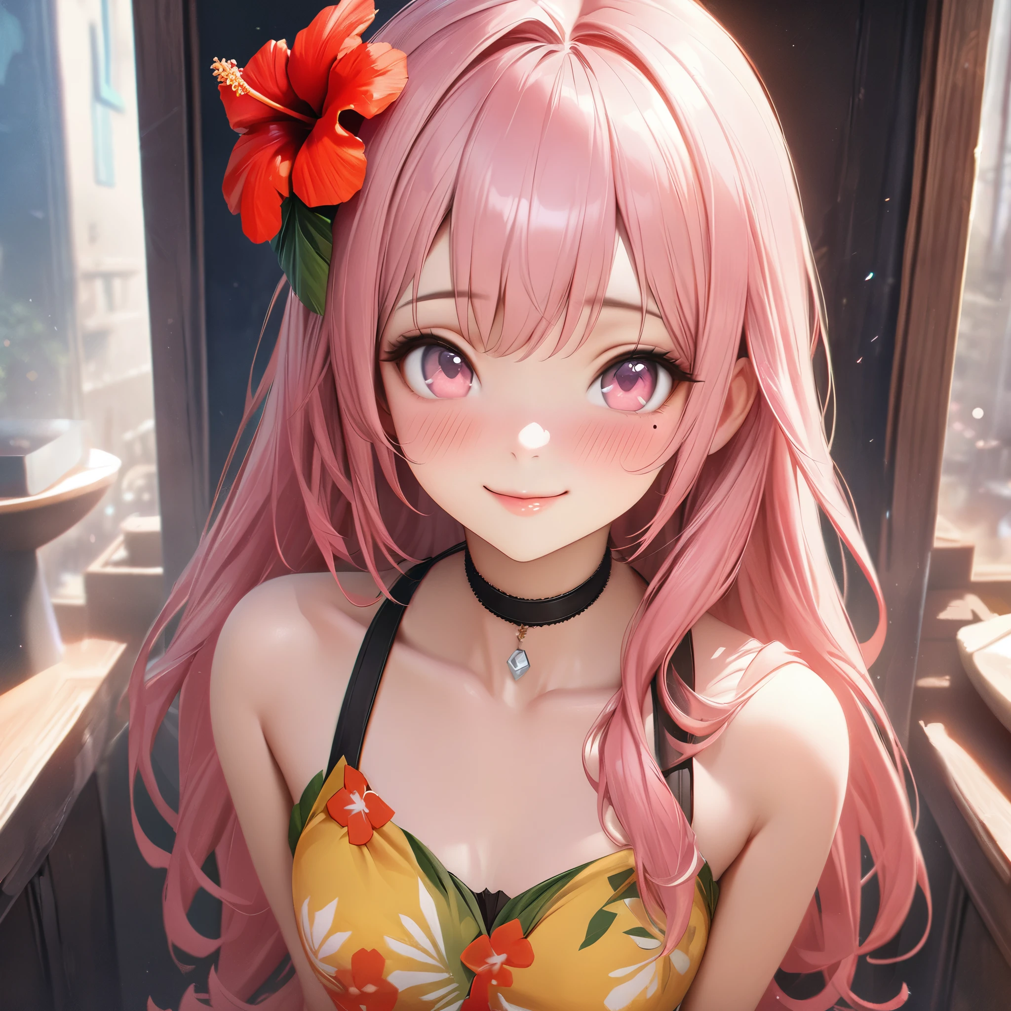 masterpiece, higst quality, highly detailed, high resolution, an high resolution, high resolution, 4k, 8k, unity 8k wallpaper, highly detailed cg, masterpiece, realistic, beautiful detail, depth, fine texture, hig hisst st quality: 1.3, total concentration, crisp skin, him, very cute anime, cute like an idol, tall pink long hair, one girl, Hawaiian dress, greeting, hibiscus hair accessory, smile, long pink hair, whole body , Mole under his eye, line sight, high, blush, lips parted, he art, pink eyes, choker