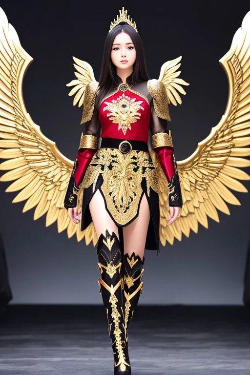 Best quality, 8K,woman, beautiful and detailed face, straight long hair,big eyelashes,(((dark red and gold embroided space armour))),((big open angel´s WHITE wings)),armlets,black belt,high heels over the knee boots,white neutral scenario,DYNAMIC ANGLE, ((dynamic pose))