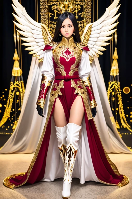Best quality, 8K,woman, beautiful and detailed face, straight long hair,big eyelashes,(((dark red and gold embroided space armour))),((big open angel´s WHITE wings)),armlets,black belt,high heels over the knee boots,white neutral scenario,DYNAMIC ANGLE, ((dynamic pose))