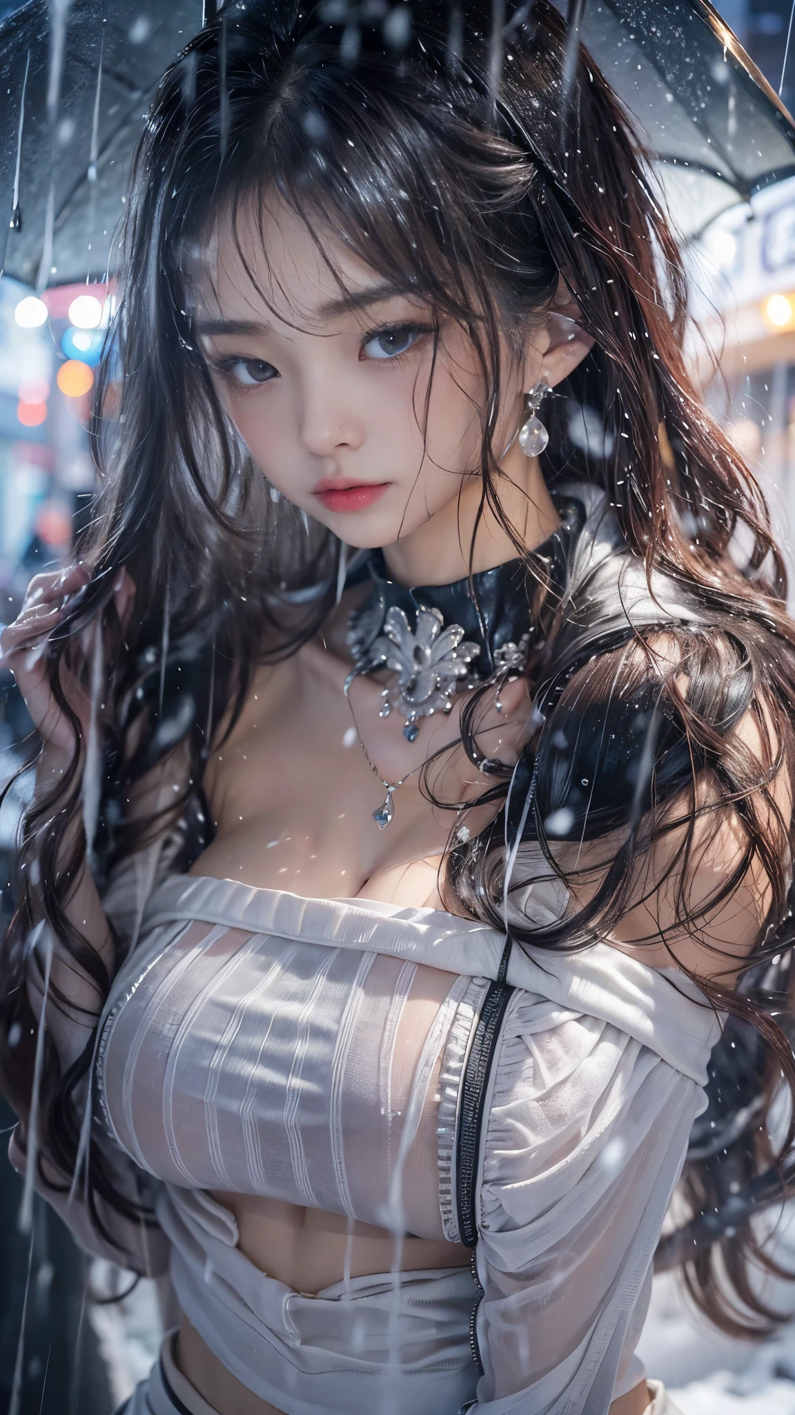 (Realistic:1.5, 16k, highest quality, masterpiece, Ultra-high resolution), ((heavy snow, From below)), Perfect dynamic composition:1.2, (Modern city at night, In front of the supermarket at night, Expressions of sadness:0.9, Bend your knees and squat:0.9), Highly detailed skin and facial textures:1.2, Young Japanese woman getting wet in the rain:1.3, Incredibly slim body:1.2, Fair skin:1.2, Sexy beauty:1.1, Beautiful and aesthetic:1.1, Very beautiful face:1.2, Water droplets on the skin, (The rain drips down on my body:1.2, Wet body:1.2, Wet Hair:1.3), (Wet tight skirt:1.2, Wearing wet formal clothes:1.3), (Shapely large breasts, Chest gap), (Big eyes that exude beautiful eroticism:0.8, Lips that exude beautiful eroticism:0.8), necklace, Earrings, bracelet, wedding ring, Shoulder bag, clock