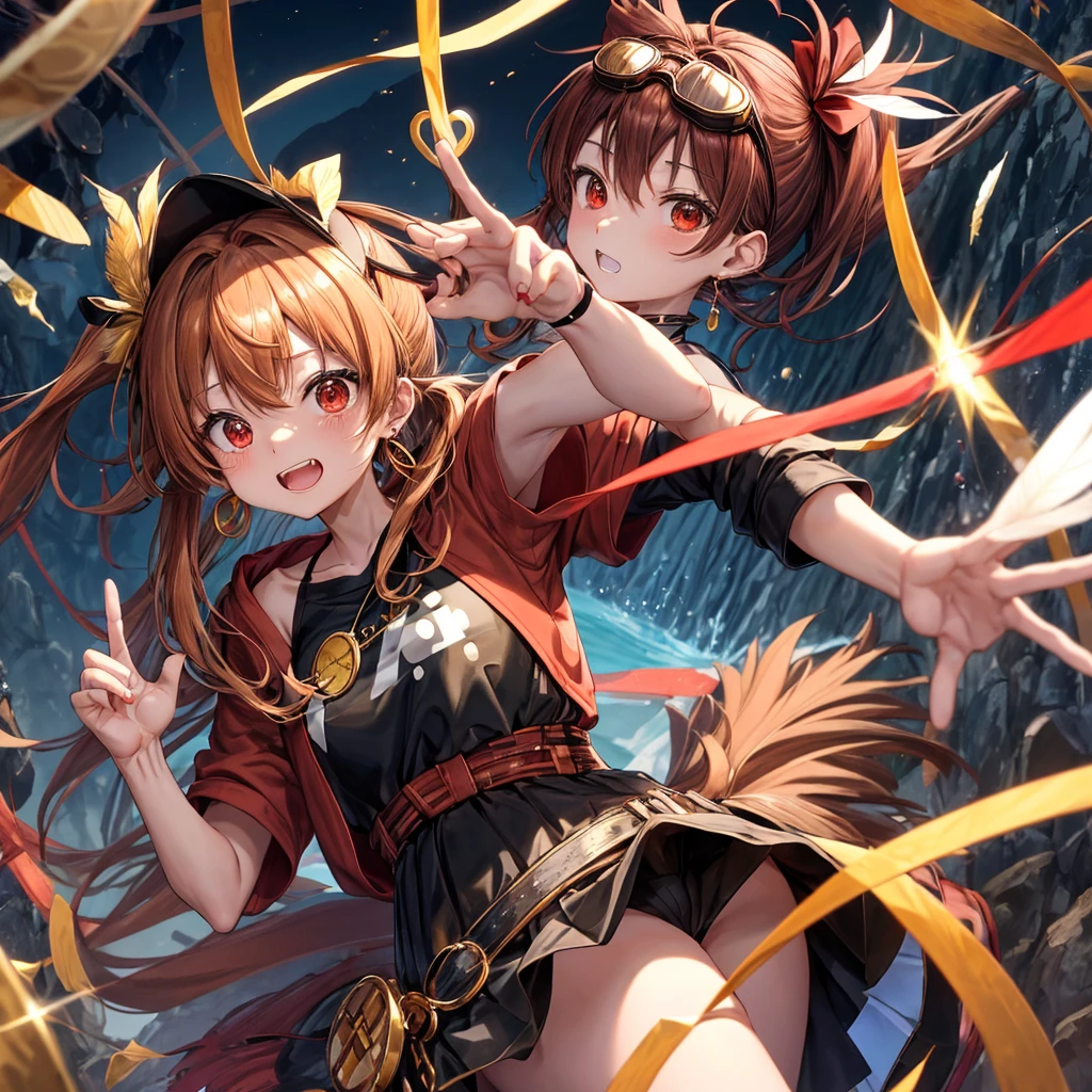 Brown, red, gold, golden hair、Red eyes、One good looking girl、solo、anime、Checkered mini skirt、Black camisole、Black T-shirt、hoodie、Wearing a ribbon、Ribbon on waist、Crystal Earrings、treasure石のネックレス、Light and shadow、Tilting face、Teeth are visible、waterfall、Kuroko、treasure、wearing goggles on head、Feather coat、tunnel、pylon