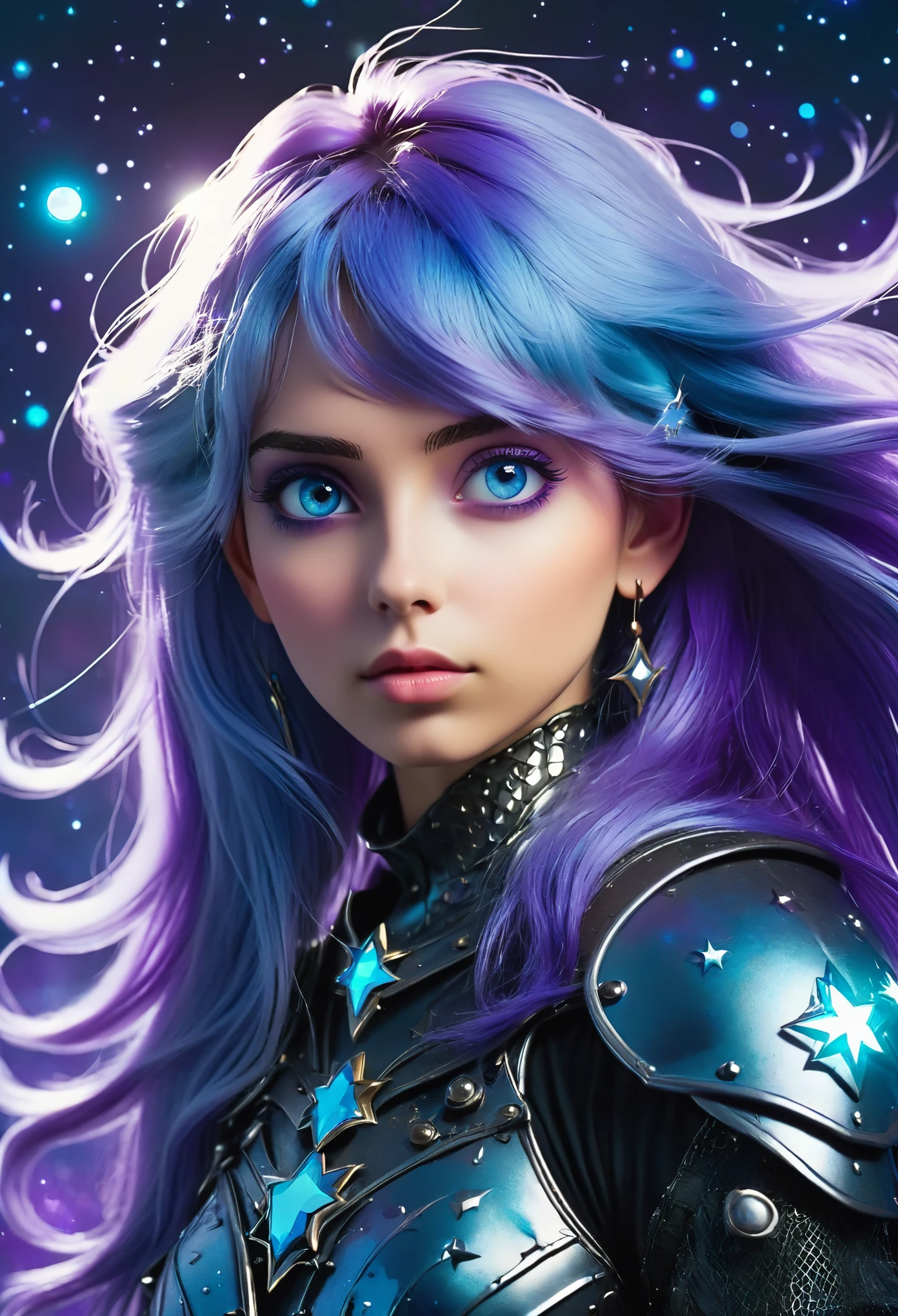 a stylized young woman warrior ((silhouette)) formed by bright stars. Pretty beautiful woman. Big purple eyes. with straight long light -blue messy hair. hair bangs. light blue bright hair. medieval silver armor. Cosmic background.