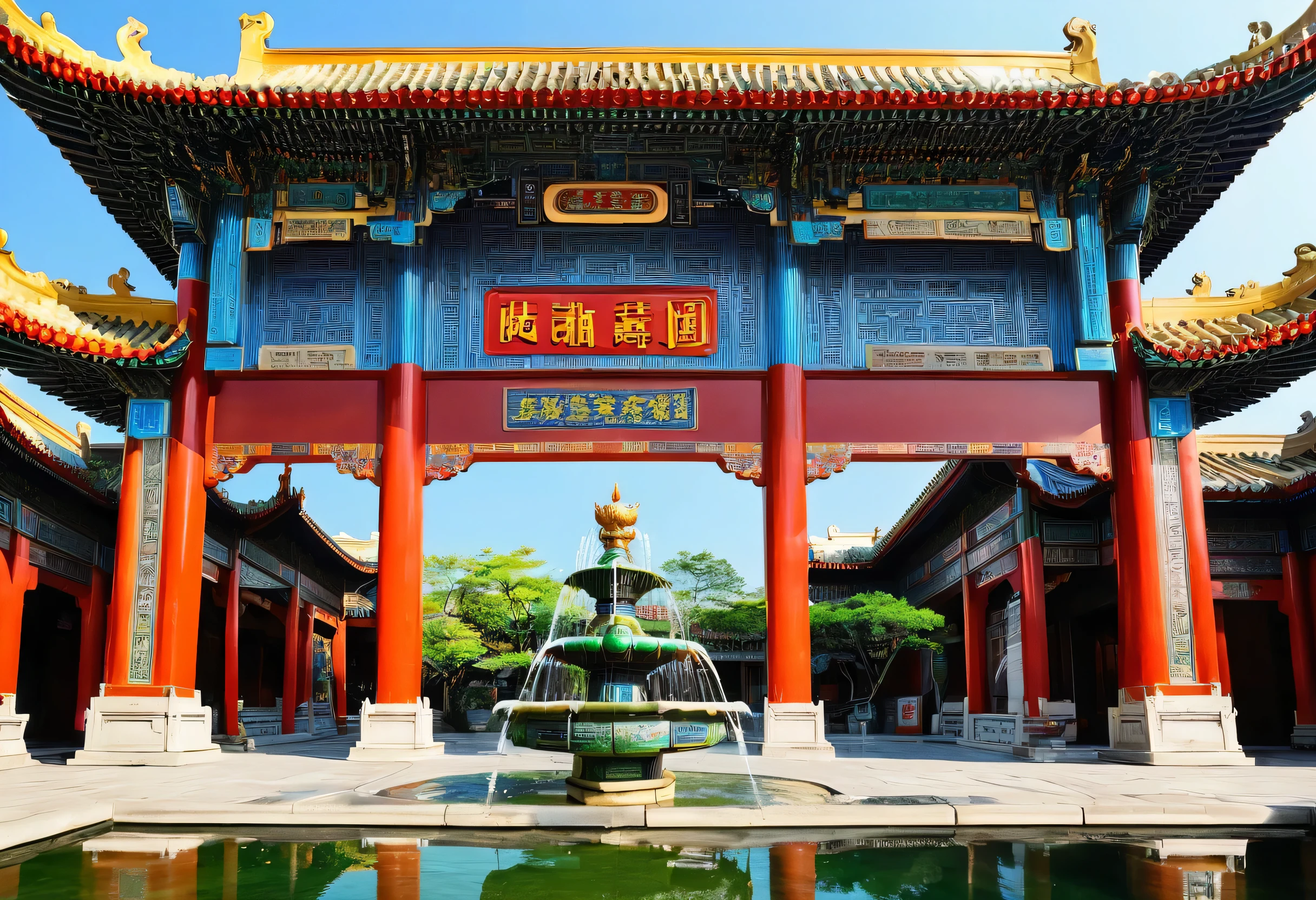 Front view of the building with a fountain, Huge and majestic arch, Chinese architecture, giant archways, ancient Chinese architecture, Chinese heritage, Written by Shen Zhe and Cai, Taiwan, Chinese Palace, fountain and arch, dreamland of chinese, Shining imperial motifs, chinese buildings, Beautiful renderings of the Tang Dynasty, Hiroken