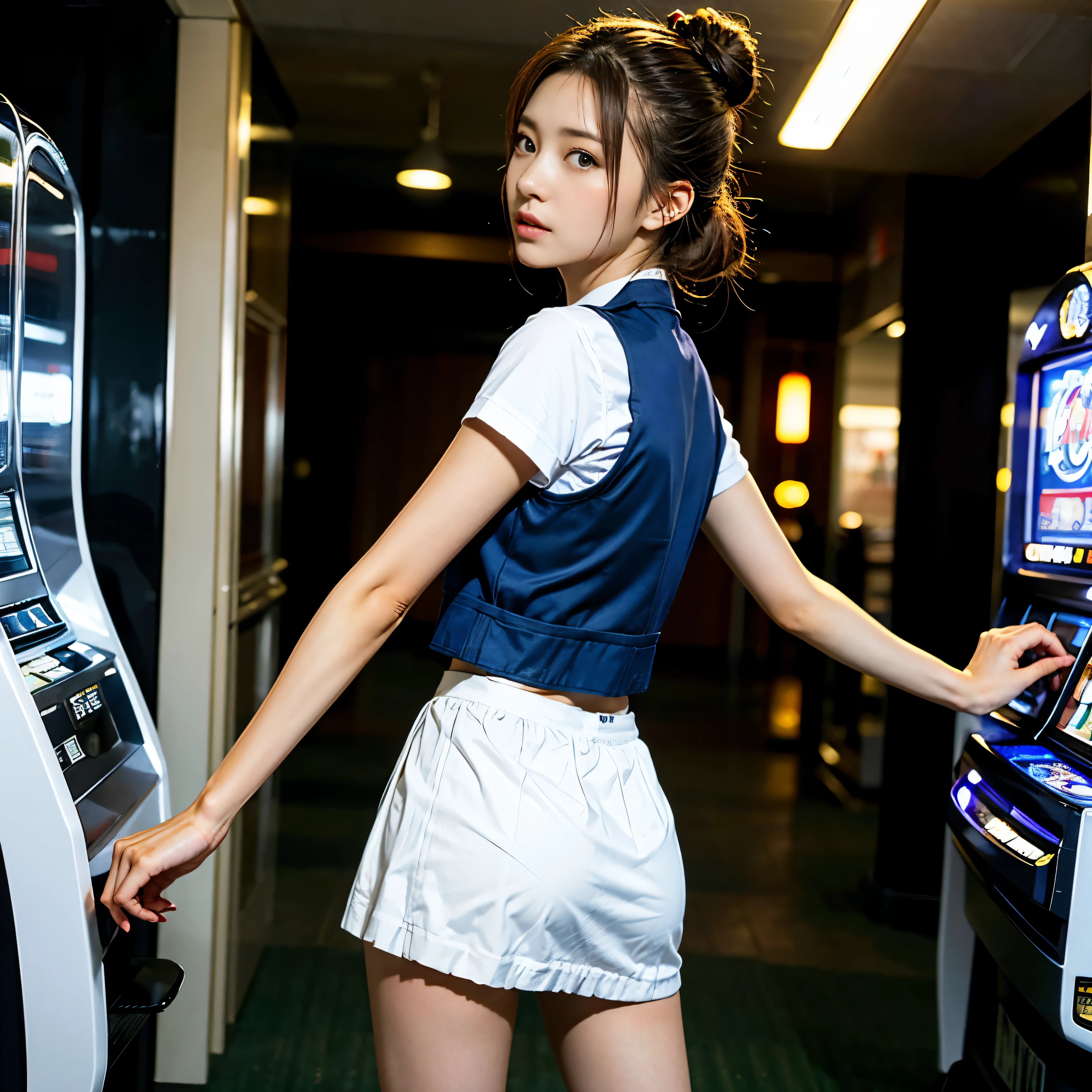 japanese women、20-year-old、faded blonde hair、ponytail、Fluttering breasts、(Short sleeve blouse、Navy striped quilted vest、Tartan check tie)、(Navy blue super short pleated skirt)、medium milk, Cute surprised face、((Pose that emphasizes the buttocks、looked back))、sexy hips、white sneakers、((((the wind blew my skirt, expose my panties...))))、(Panties with bear illustration)、、(tilt your head a little)、(High resolution, Bright colors, super detailed), high tech arcade game room, futuristic game console, intricate details, Athletes eager to play, realistic lighting, LED lights reflecting onto players and machines, Bright colors create a futuristic atmosphere, An innovative perspective from the machine screen, Against the backdrop of a futuristic city
