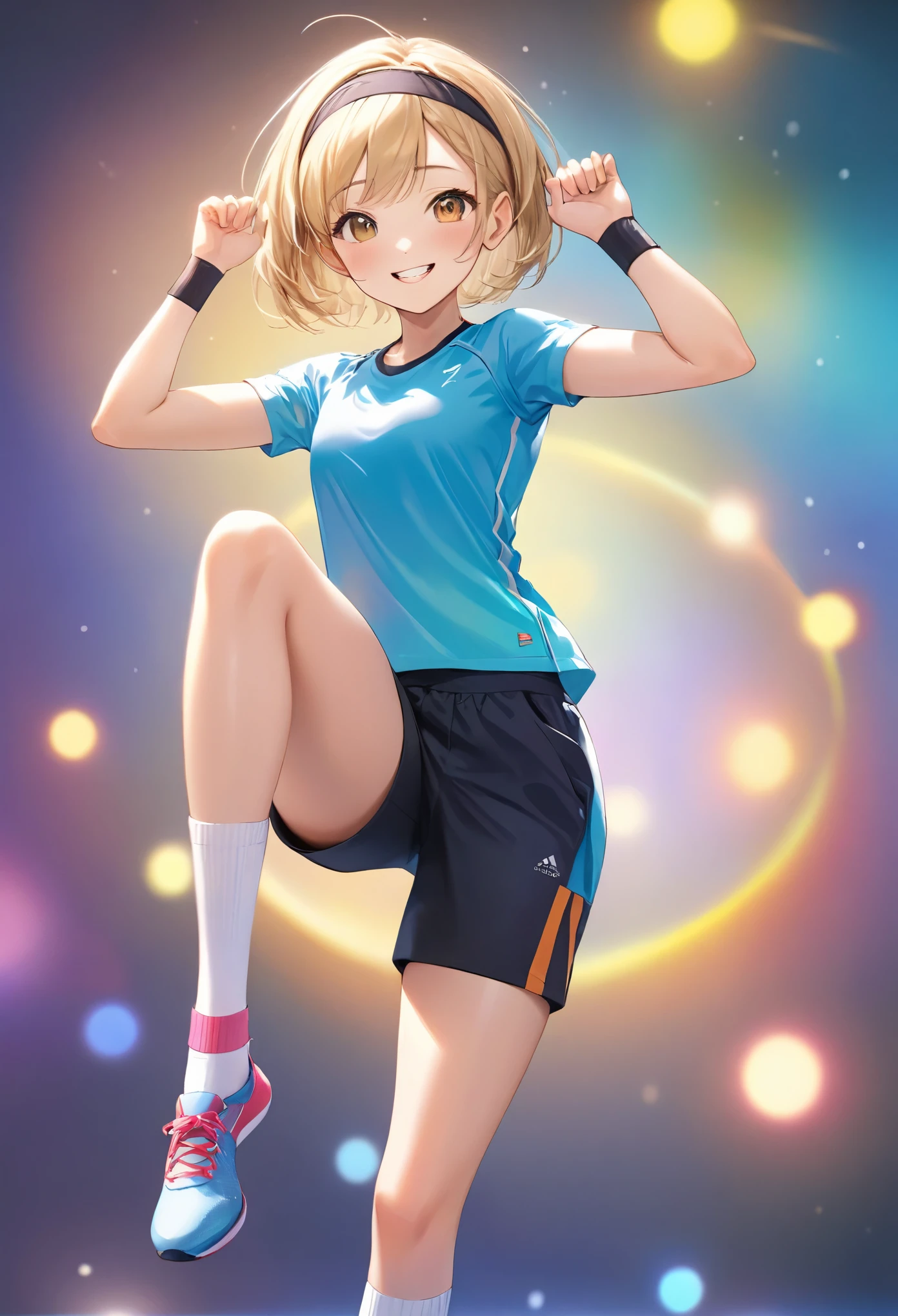 (highest quality,4K,8k,High resolution,masterpiece:1.2),Very detailed,(Realistic,photoRealistic,photo-Realistic:1.37),whole body,Beautiful fine details,beautiful lip detail,Very detailed目と顔,Long eyelashes,lean and fit body,A confident smile,Cheerful pose,attractive appearance,Colorful background,Vibrant colors,Studio Lighting,Bokeh,Women Artists,-yeld giProfessional,Short blonde bob hair,((Forehead Band)),Aerobics Instructor,Grin,Sweat,Active lifestyle,Sporty look,Play sports often,Shorts,((socks,レースアッProfessionalングブーツ)),Flexible movement,Slender body,Shiny texture,Sculpted figures,A progressive fitness environment,Positive attitude,Healthy shine,Fitness Motivation,Personal trainer