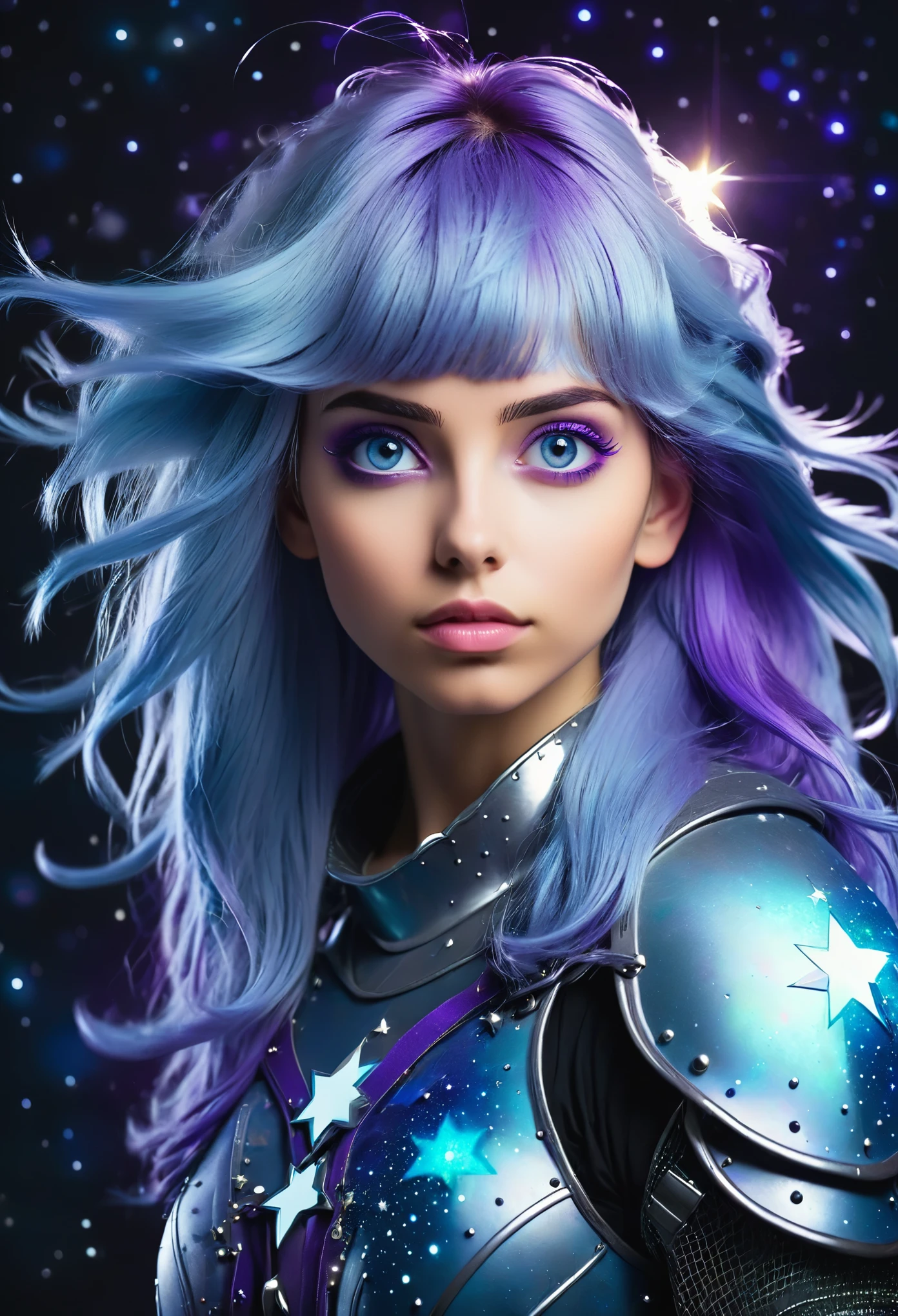 a stylized young woman warrior ((silhouette)) formed by bright stars. Pretty beautiful woman. Big purple eyes. with straight long light -blue messy hair. hair bangs. light blue bright hair. medieval silver armor. Cosmic background.