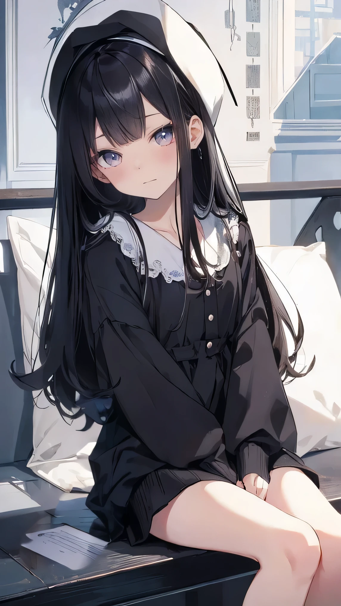 Masterpiece、Highest quality、highest quality、Black Hair、(((Lori)))、 ((Petite))、Shiny hair quality、Small face、Sitting、Super detailed, beautiful, wide eyes、Ultra-detailed, clear and beautiful faces、(cute illustration:1.2), High-resolution, ultra-detailed, best quality, embarrassed